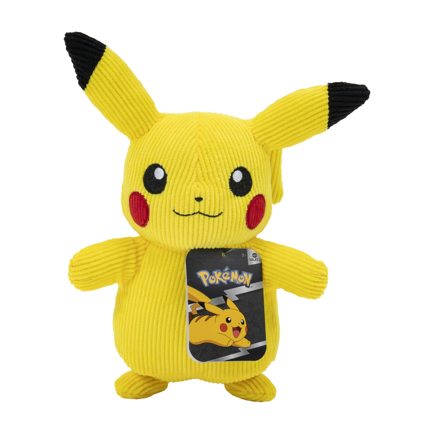 Un peluche Pikachu giallo con punte nere sulle orecchie e un'etichetta Pokémon.