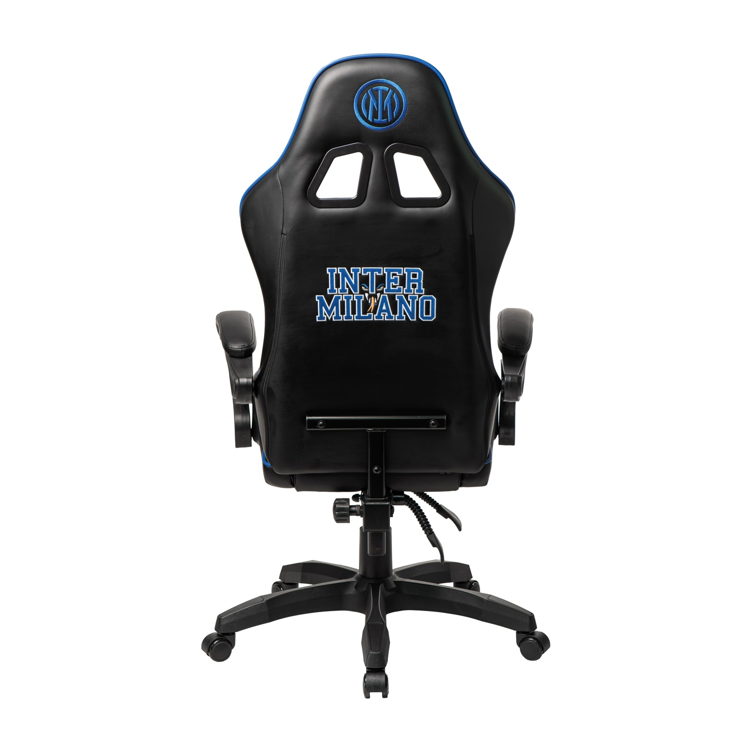 Una sedia da gaming nera con profili blu e logo Inter Milan.