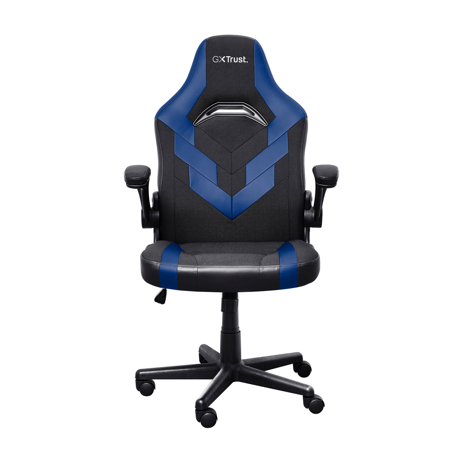 Sedia da gaming nera con accenti blu e stemma argentato.