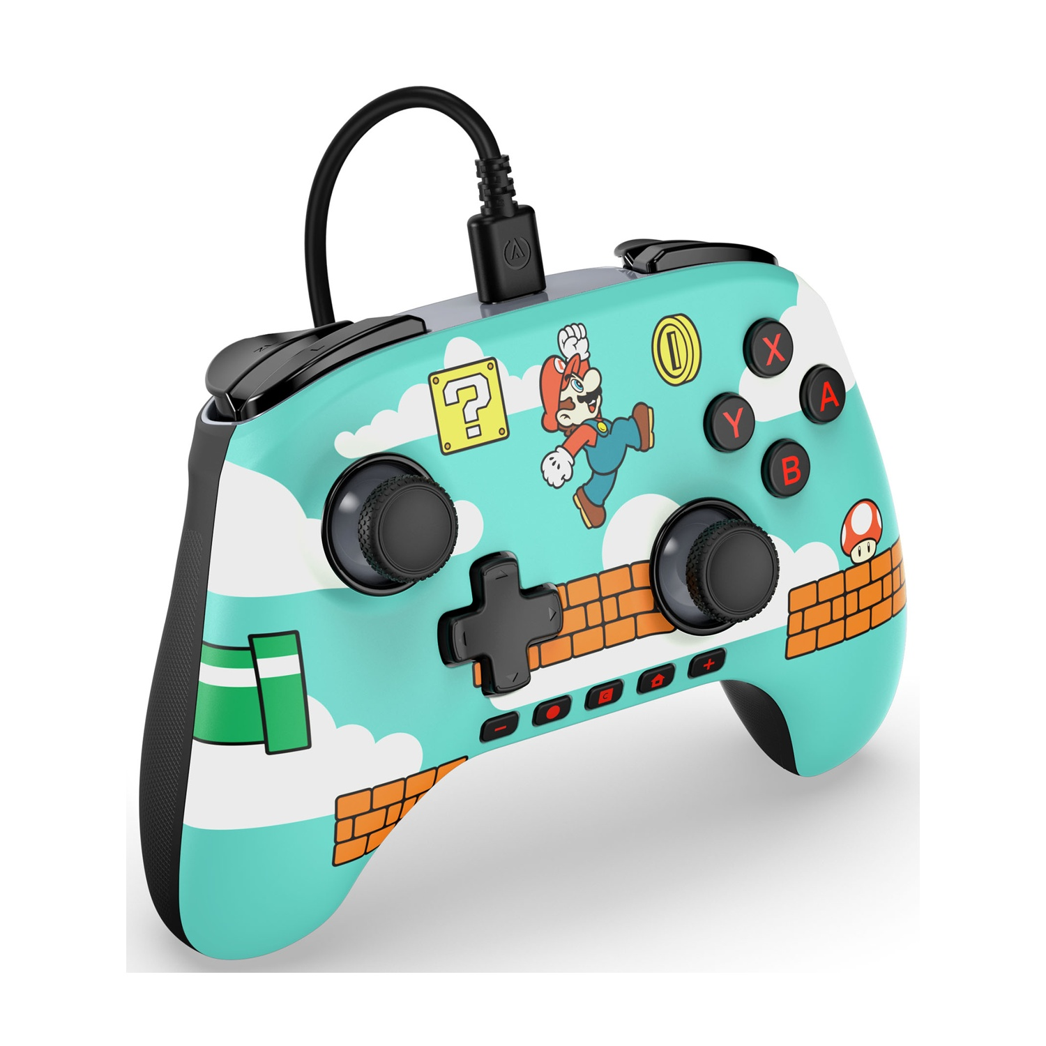 Turkusowy kontroler z Mario, chmurami i elementami ceglanymi.