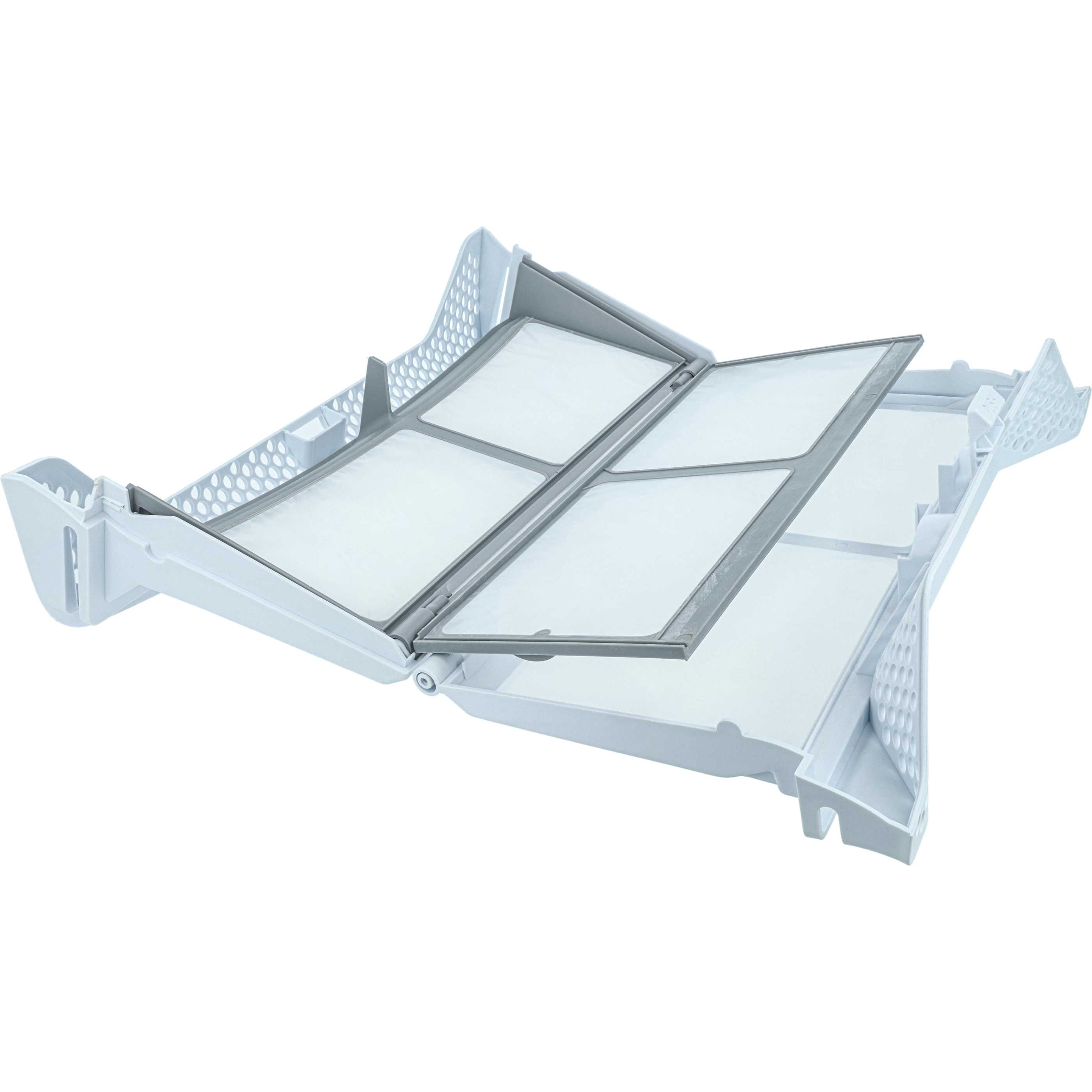Ein weißer Wäschetrockner-Flusenfilter mit zwei separaten Kammern.