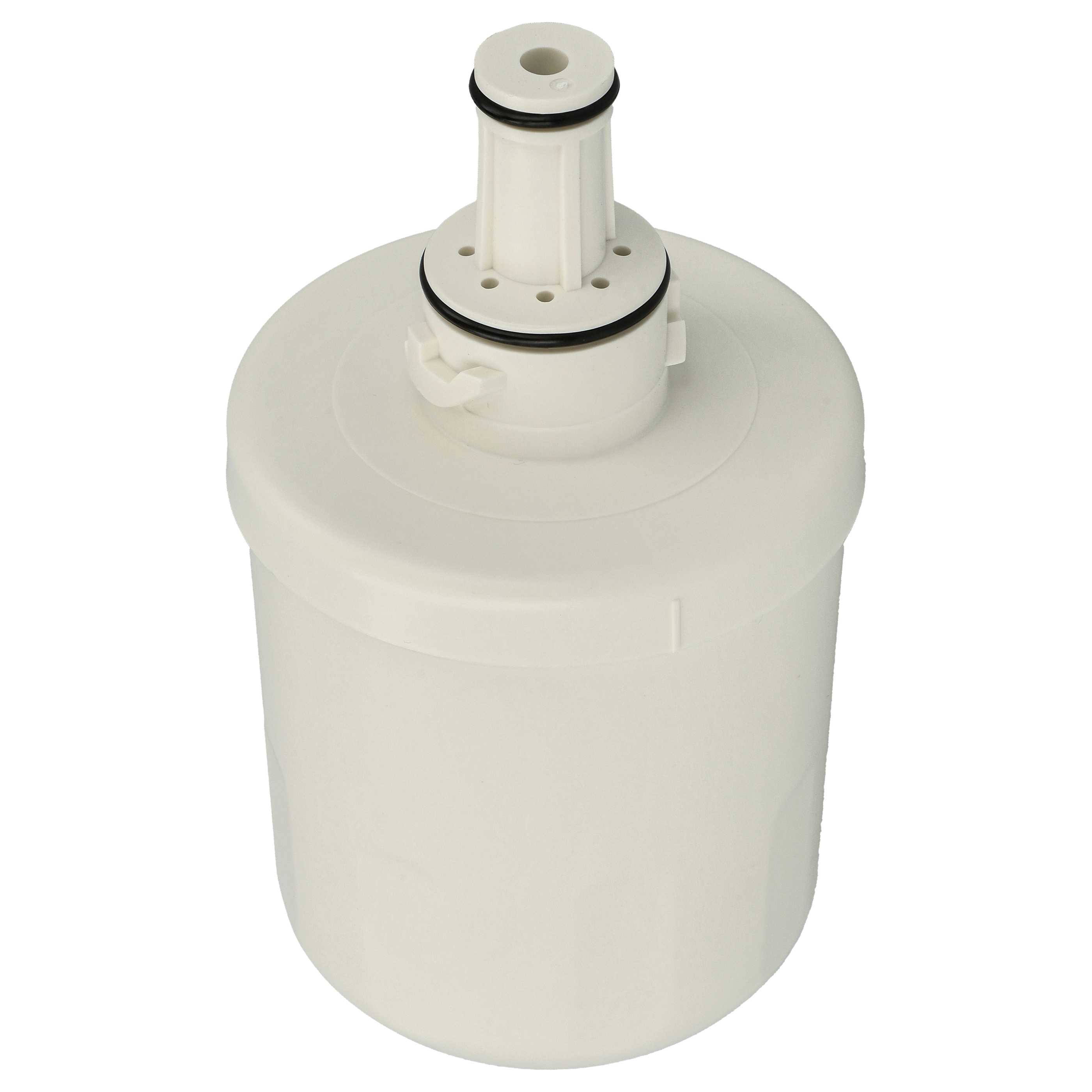 Ein weißer Wasserfilter mit einem oberen Zylinder und einem breiteren Sockel.