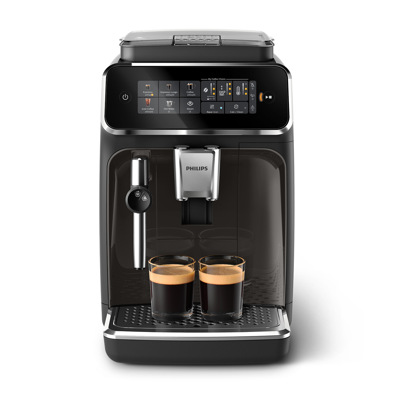 Una macchina da caffè nera con due bicchieri di espresso.