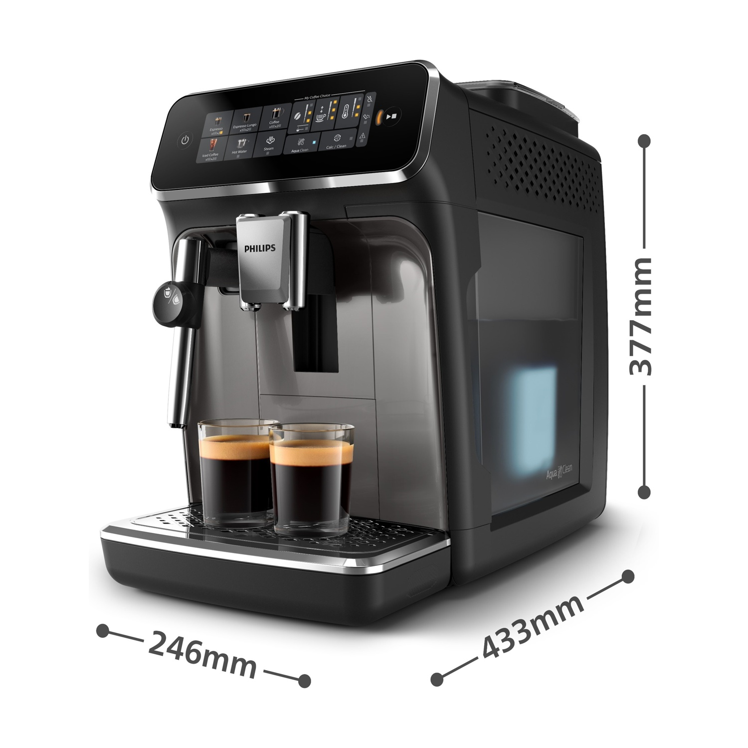 Macchina da caffè nera con due bicchieri di espresso, con dimensioni.