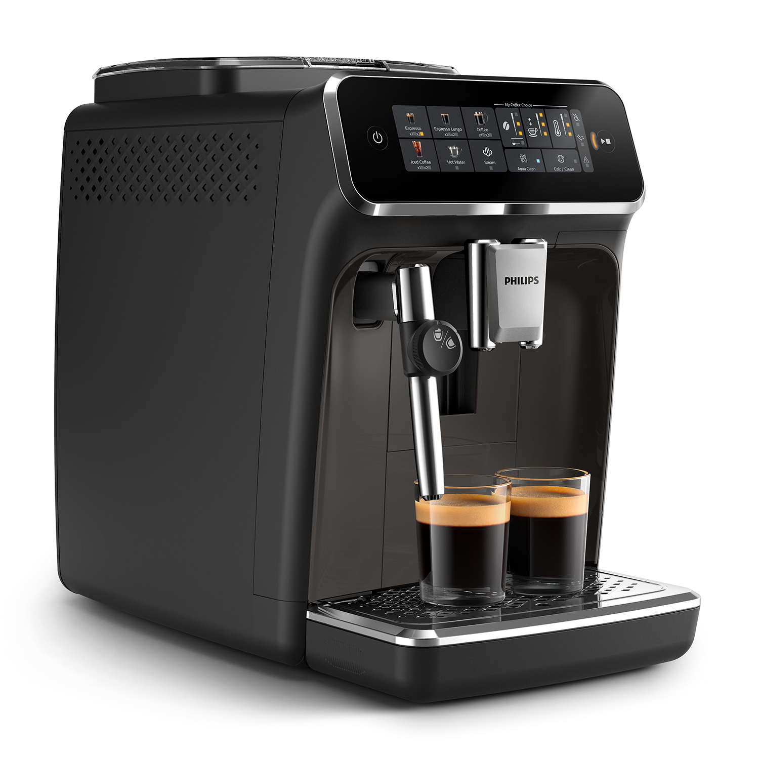 Una macchina da caffè Philips nera con due bicchieri di espresso.