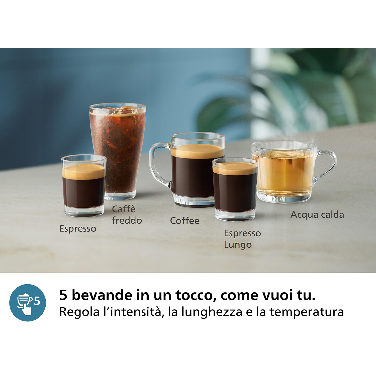 Cinque bevande: Espresso, Caffè freddo, Caffè, Espresso Lungo, Acqua calda.