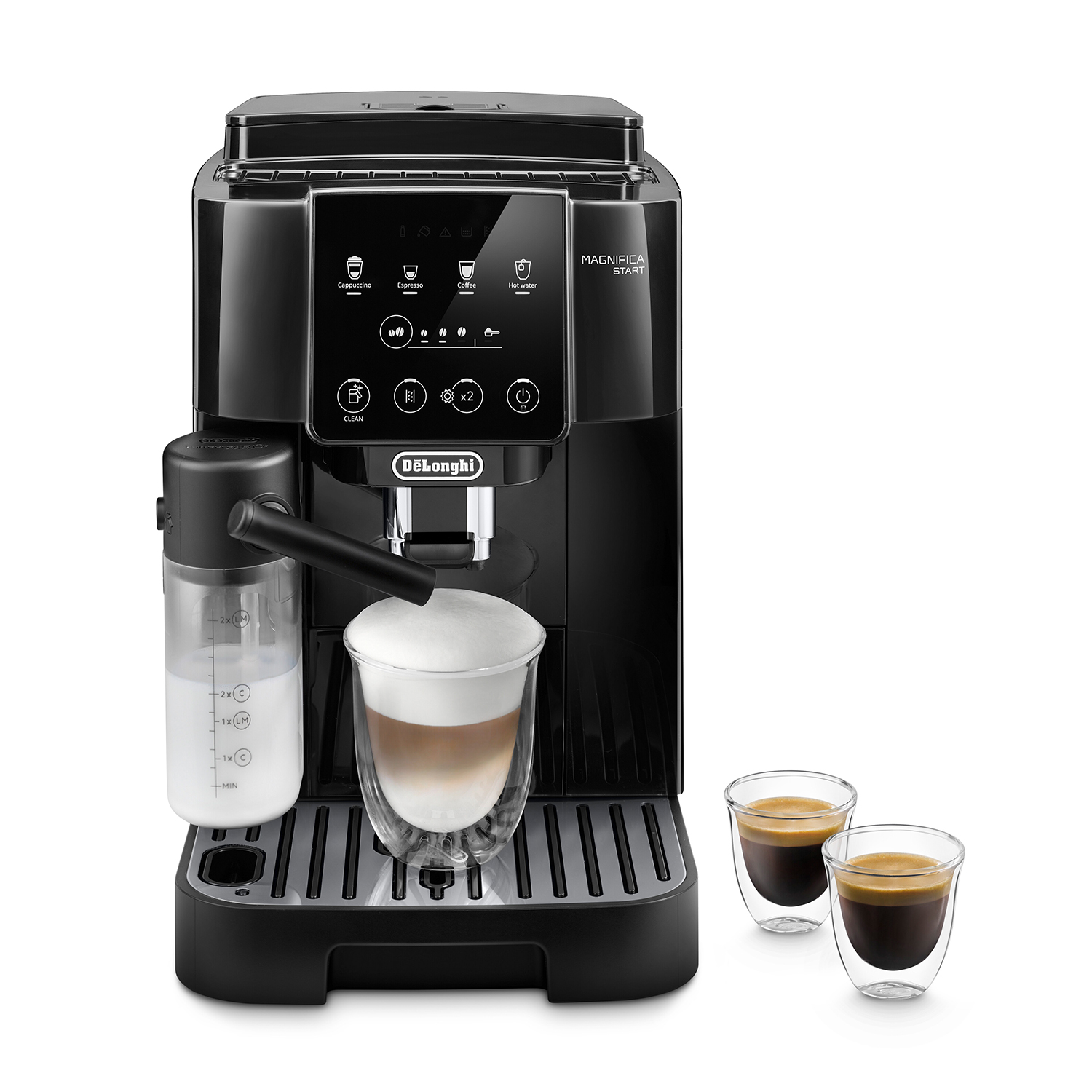 Macchina da caffè nera con caraffa latte, cappuccino e due tazzine espresso.