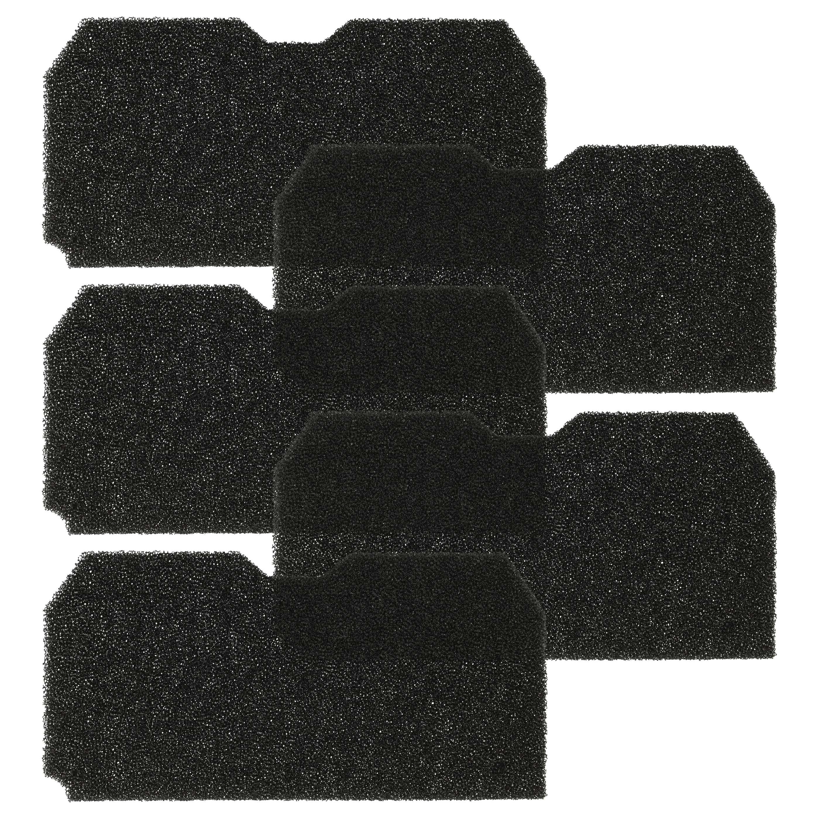 Sechs schwarze Schaumstofffilter, nebeneinander auf weißem Hintergrund.