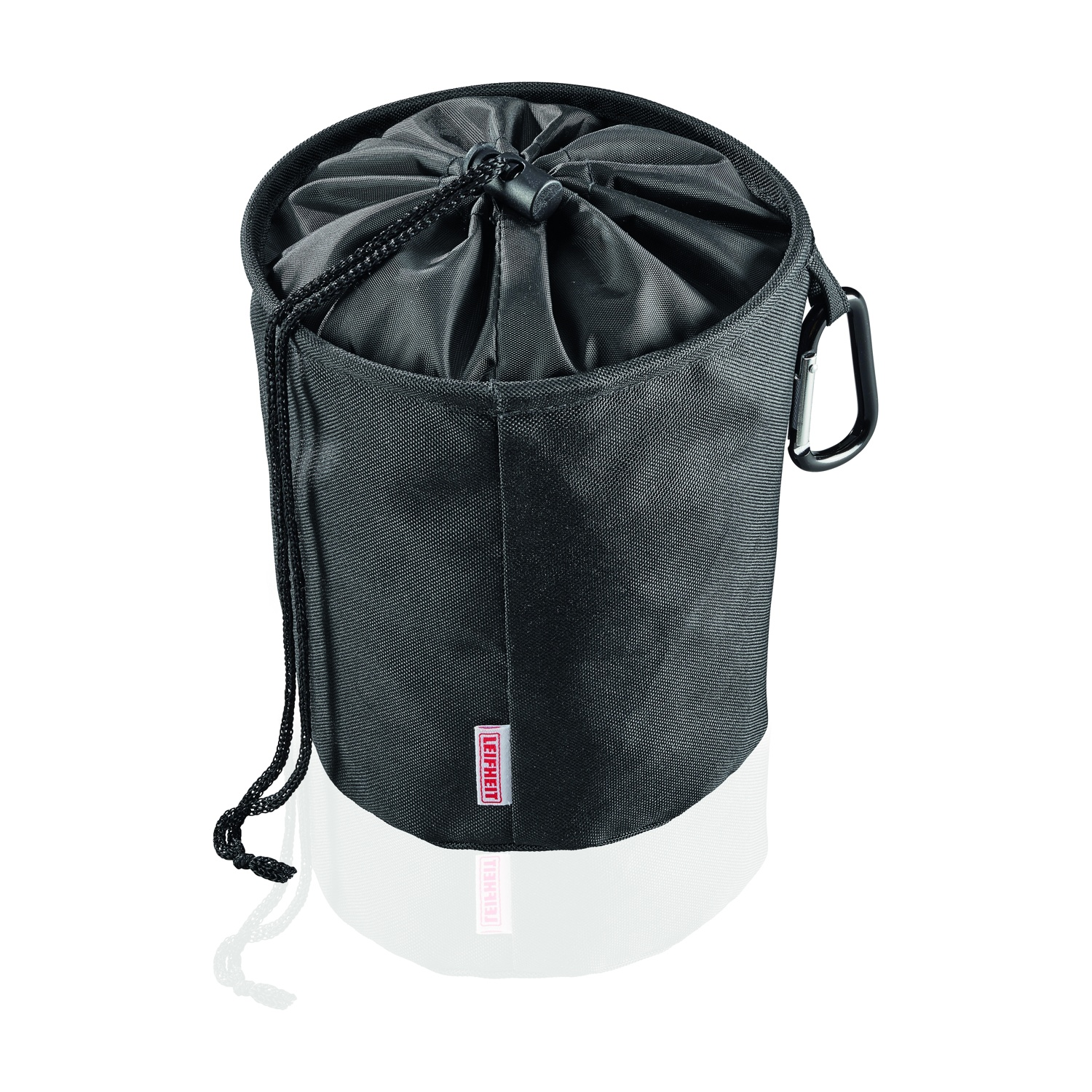 Black drawstring bag with carabiner and red logo, on a white background.