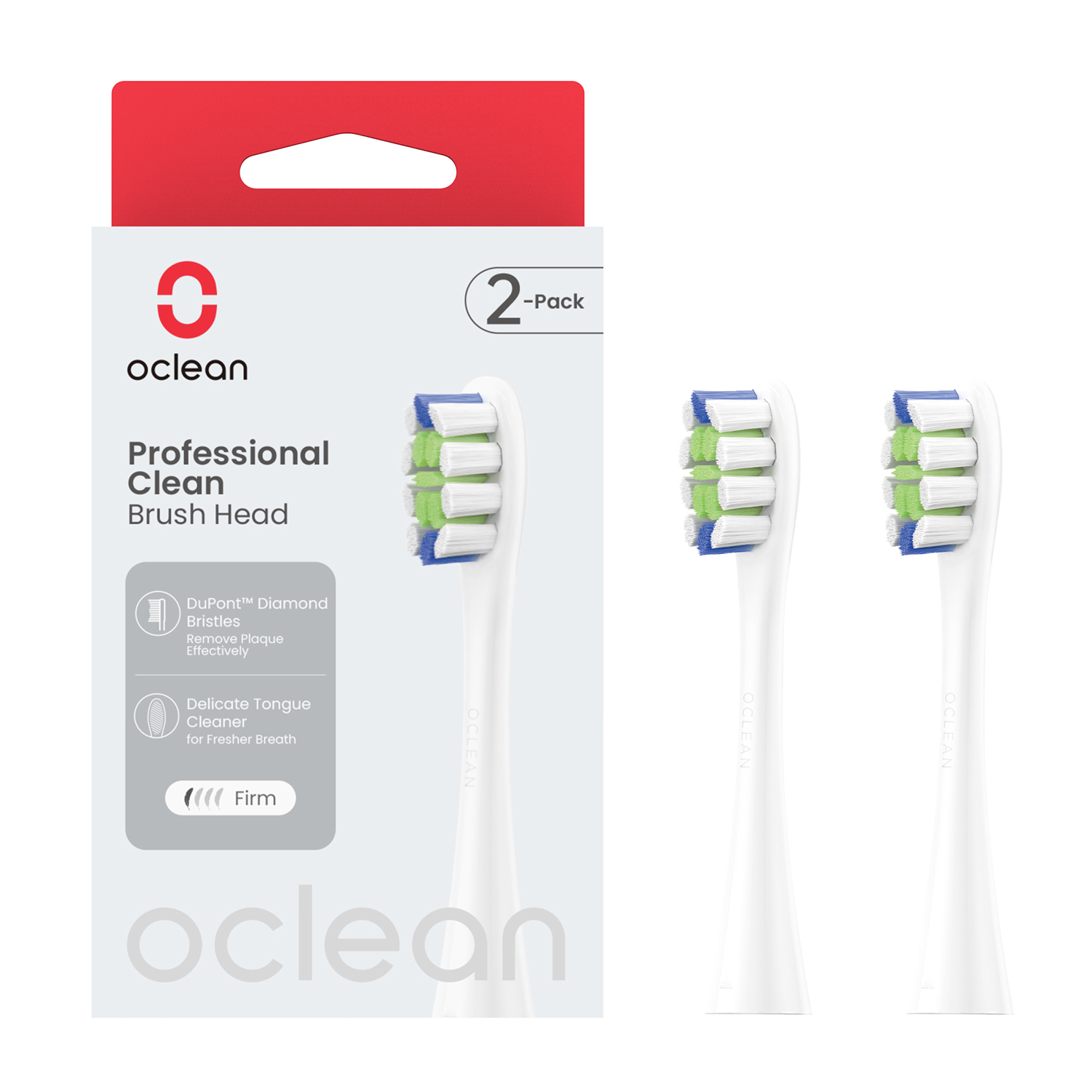 Oclean Professional Clean Bürstenköpfe 2er-Pack. Weiß mit blauen und grünen Borsten.