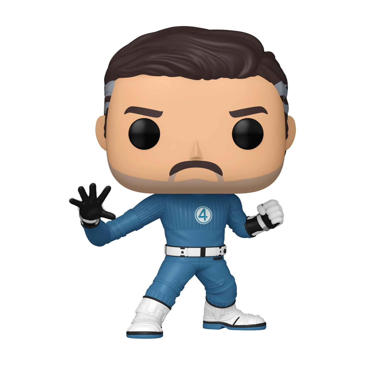 Figurka Funko Pop Mr. Fantastic w niebieskim stroju z logo '4' i białymi butami.