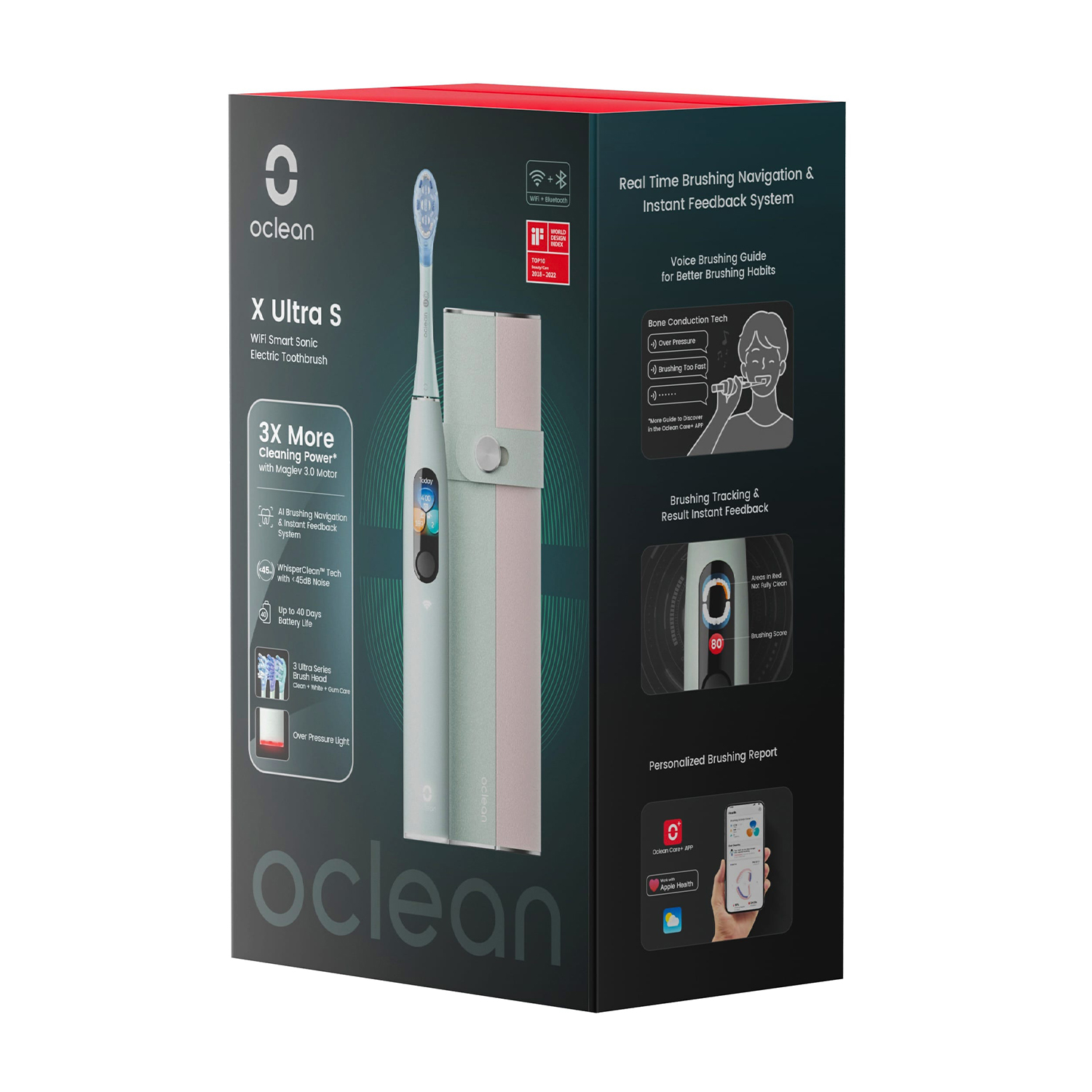 Oclean X Ultra S Schallzahnbürste Verpackung mit Zahnbürste und Ladecase.