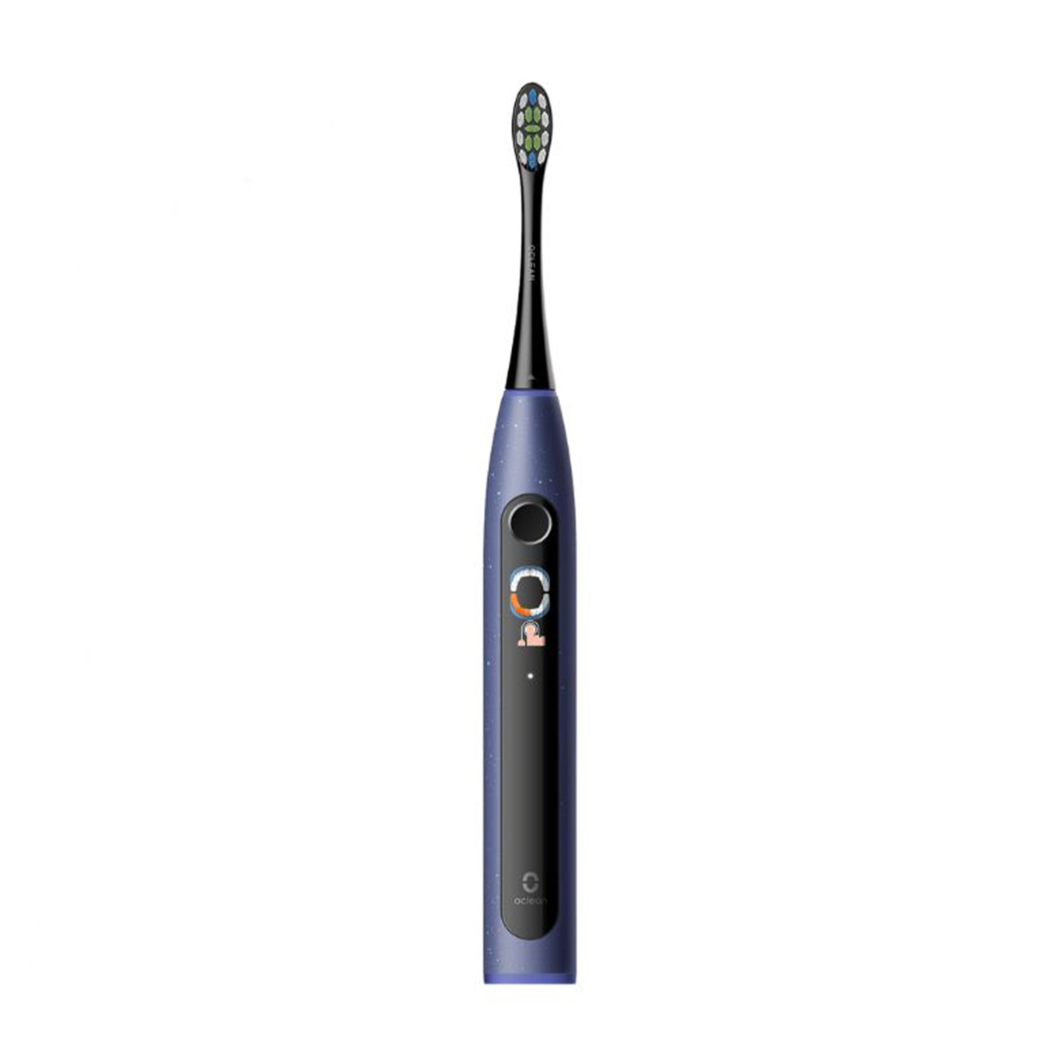 Eine blaue elektrische Zahnbürste mit schwarzem Hals und Borsten.