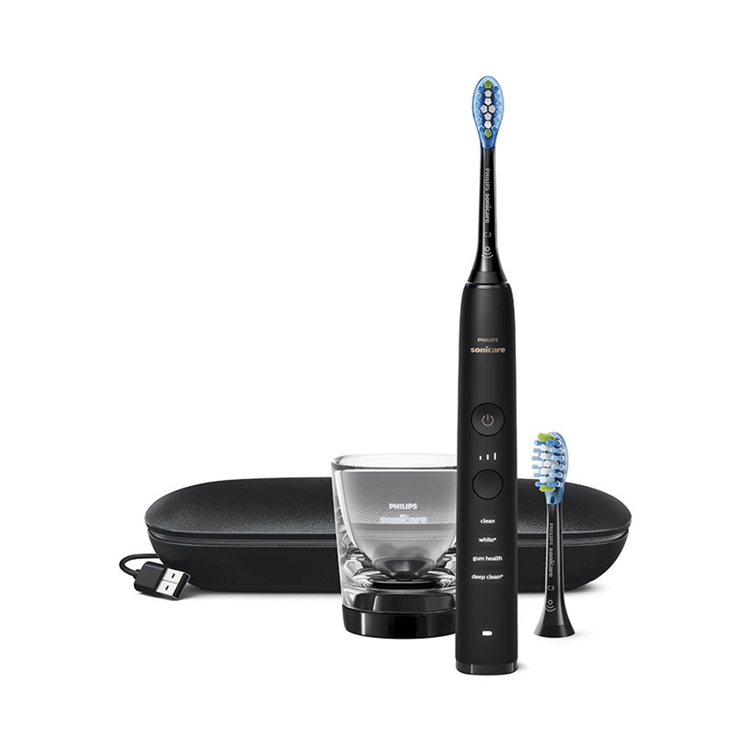 Schwarze Philips Sonicare Zahnbürste mit Ladegerät, Etui und extra Bürstenkopf.