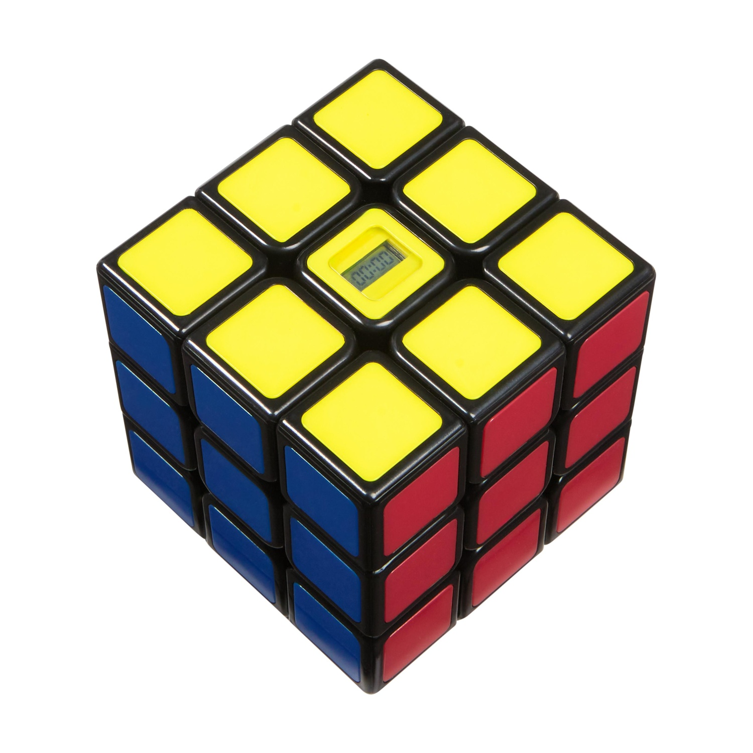 Ein Rubik's Cube mit gelben, blauen und roten Seiten und einem digitalen Display.