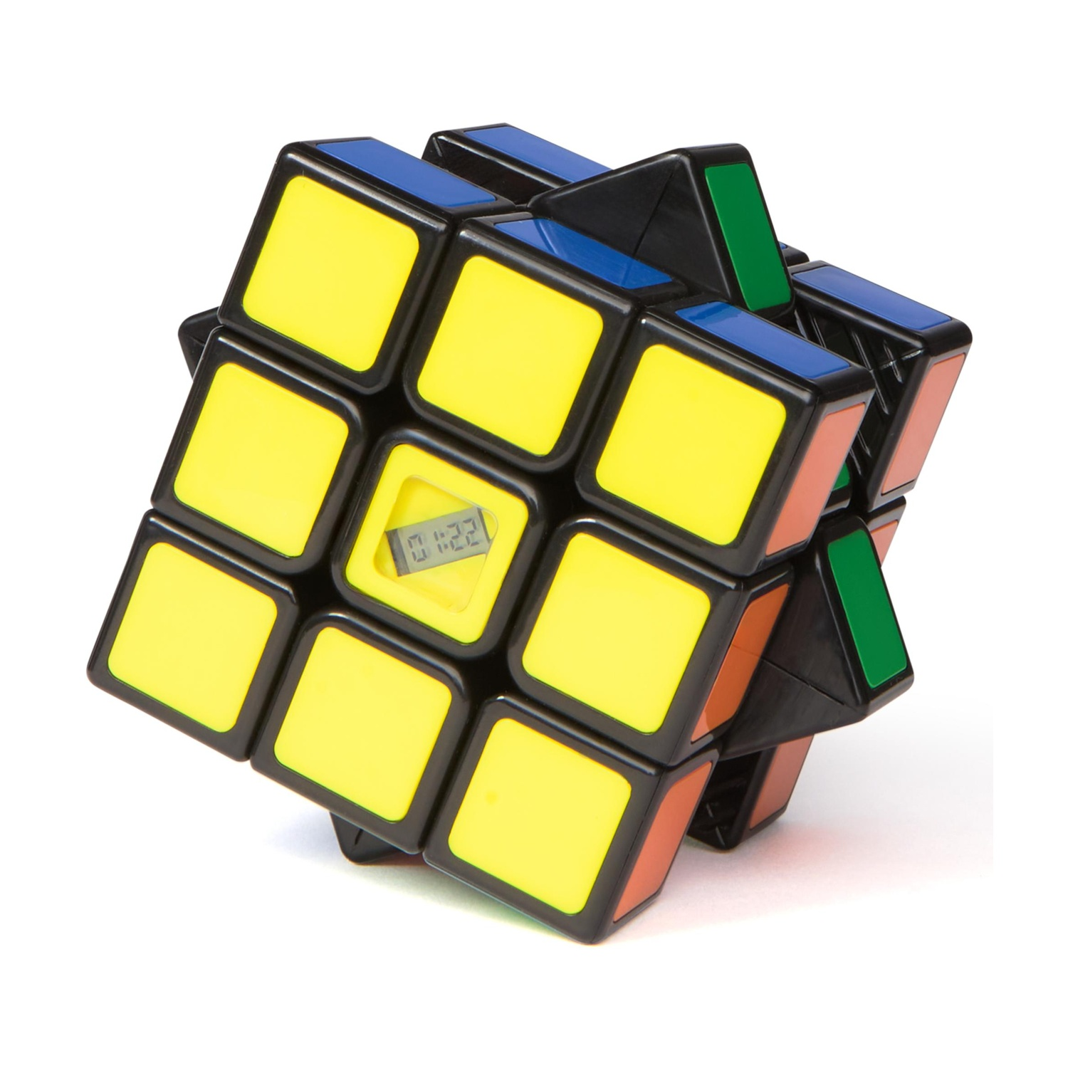 Ein gelber Rubik's Cube mit einem kleinen digitalen Display in der Mitte.
