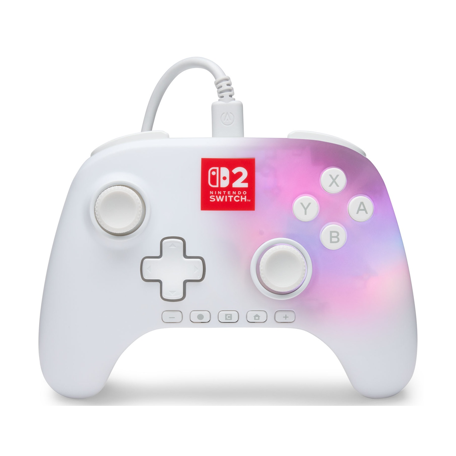 Un control blanco de Nintendo Switch con patrón colorido y logo de Nintendo.