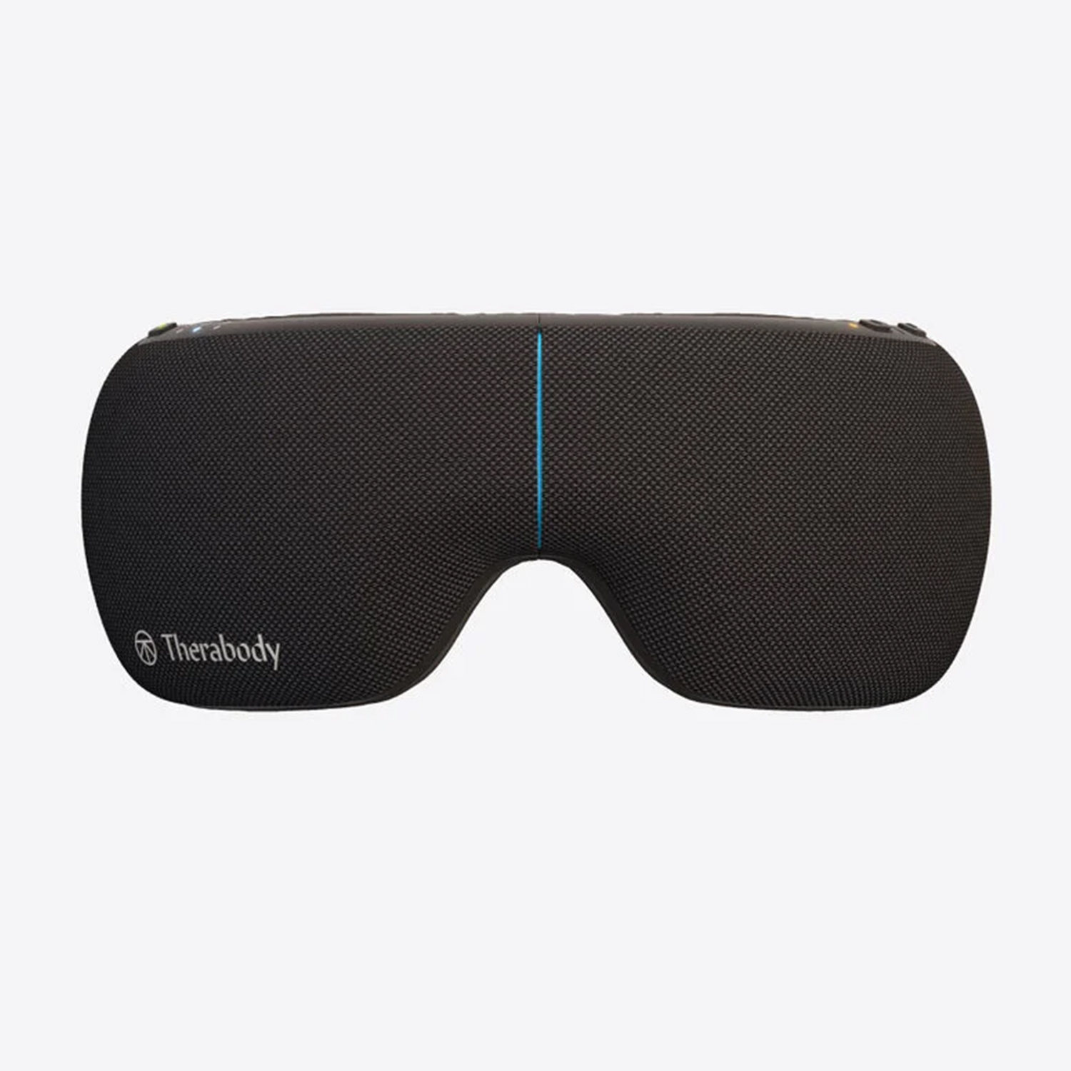 Schwarze Schlafmaske mit blauem Streifen und Therabody-Logo.
