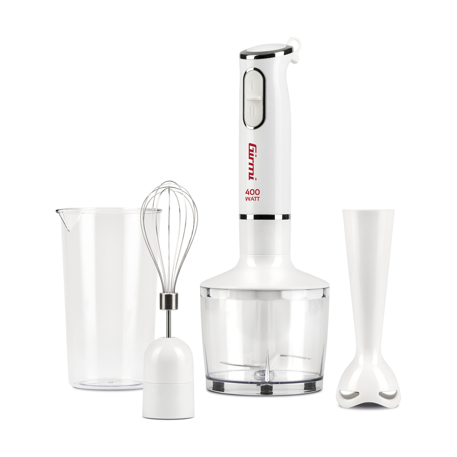 Biały blender ręczny z akcesoriami: kubek, trzepaczka, nasadka miksująca, siekacz.