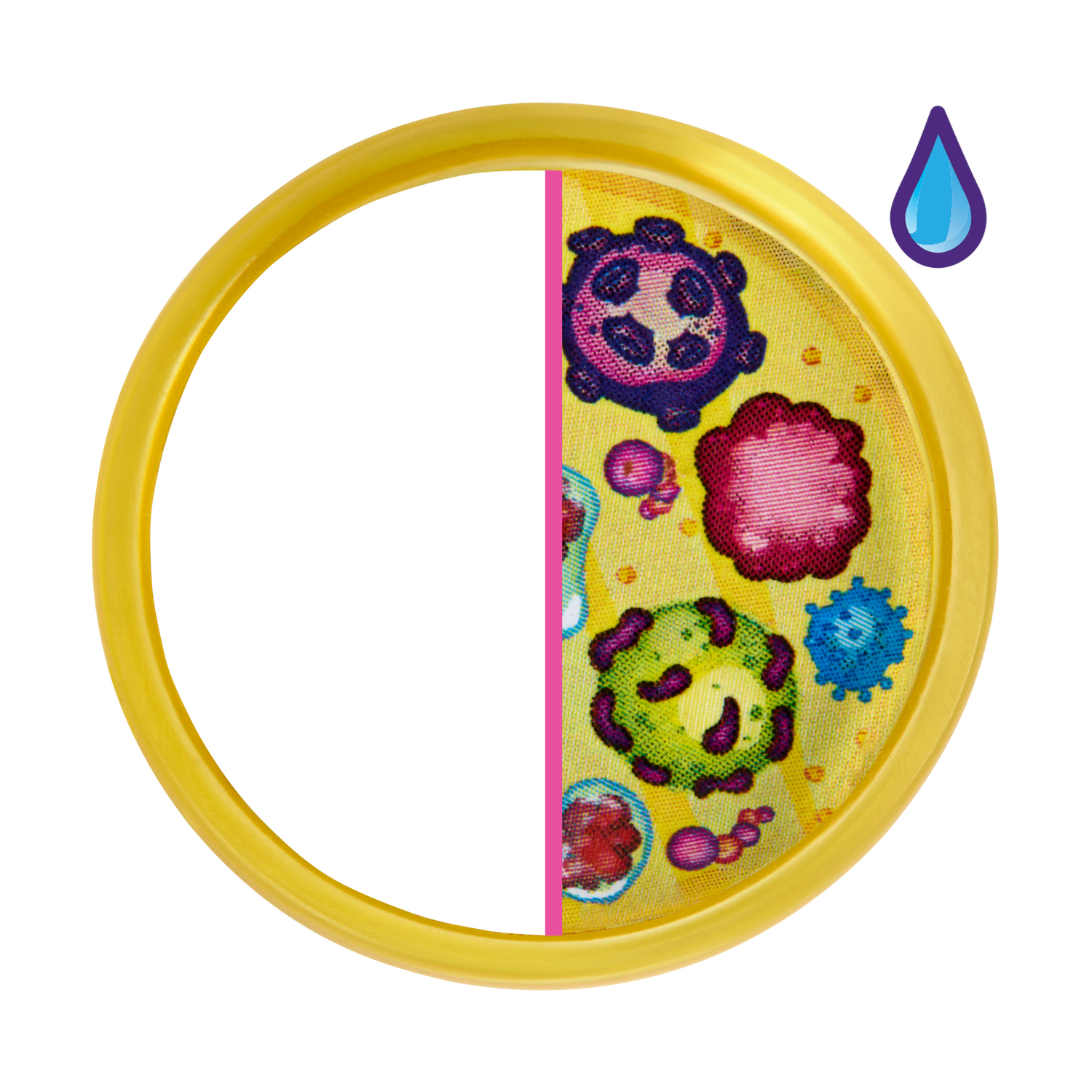 Żółty pierścień z połową widoku wirusów i kroplą wody.