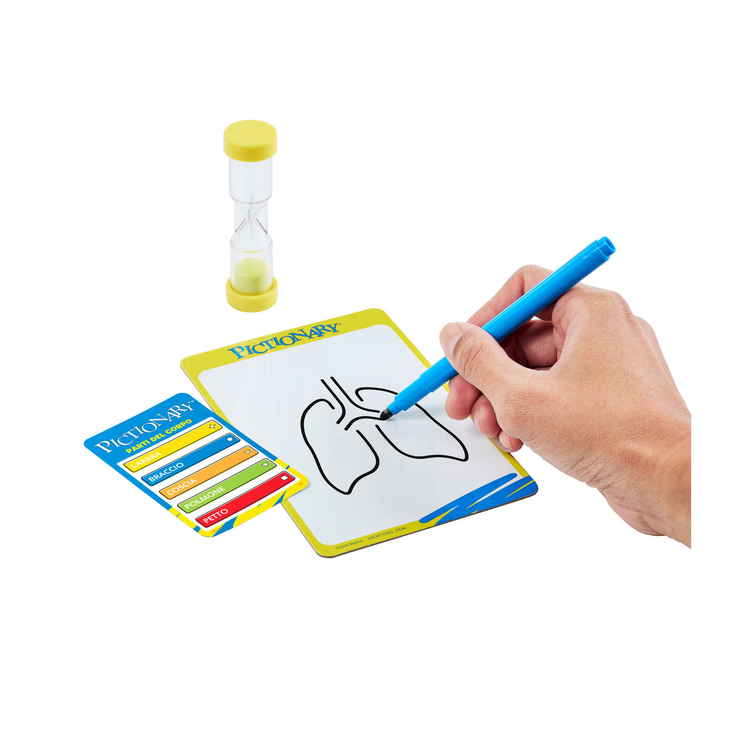 Ein Pictionary-Spiel mit Lungenzeichnung, Sanduhr und Stift.