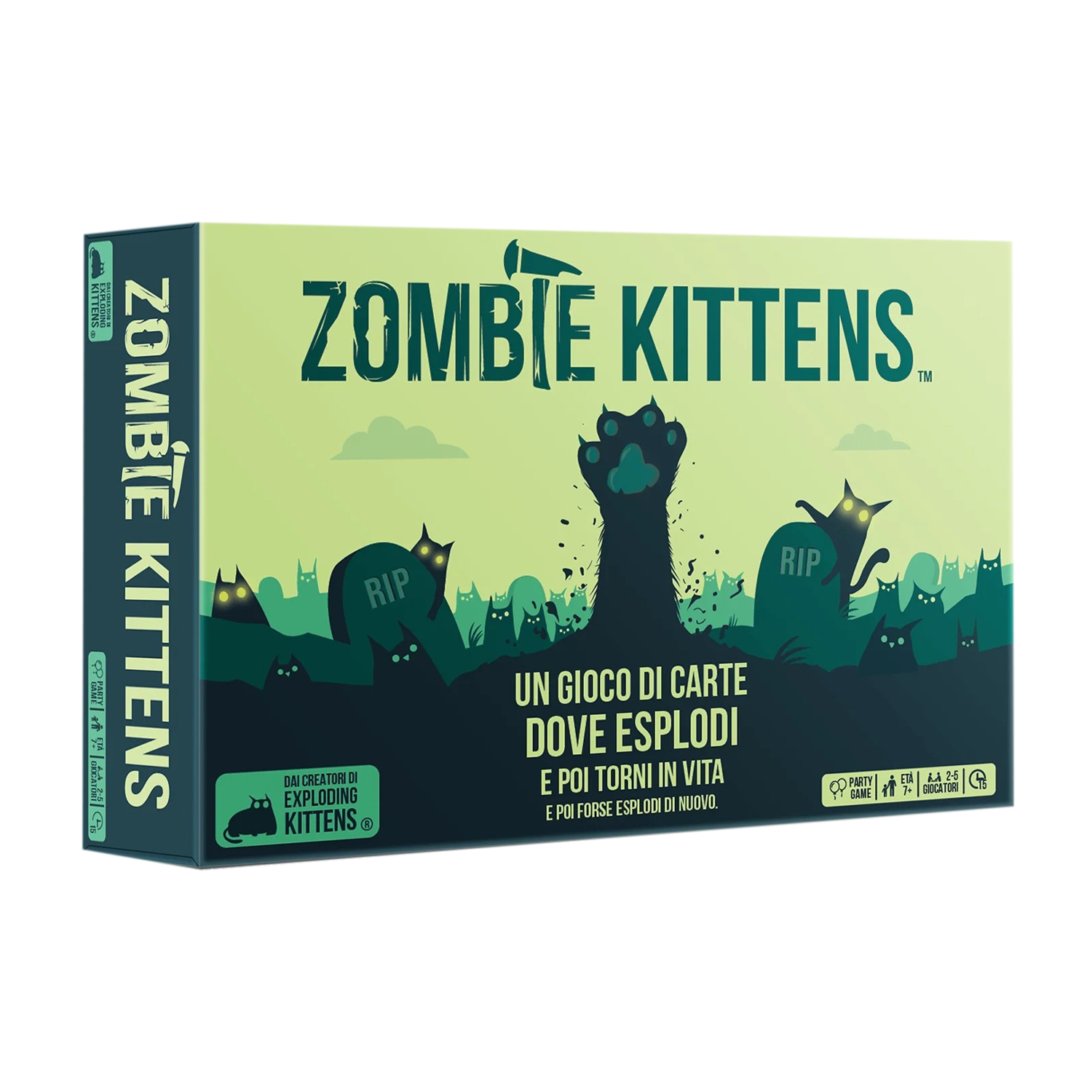 Zombie Kittens Kartenspiel-Box mit gruseliger Katze und Grabsteinen.