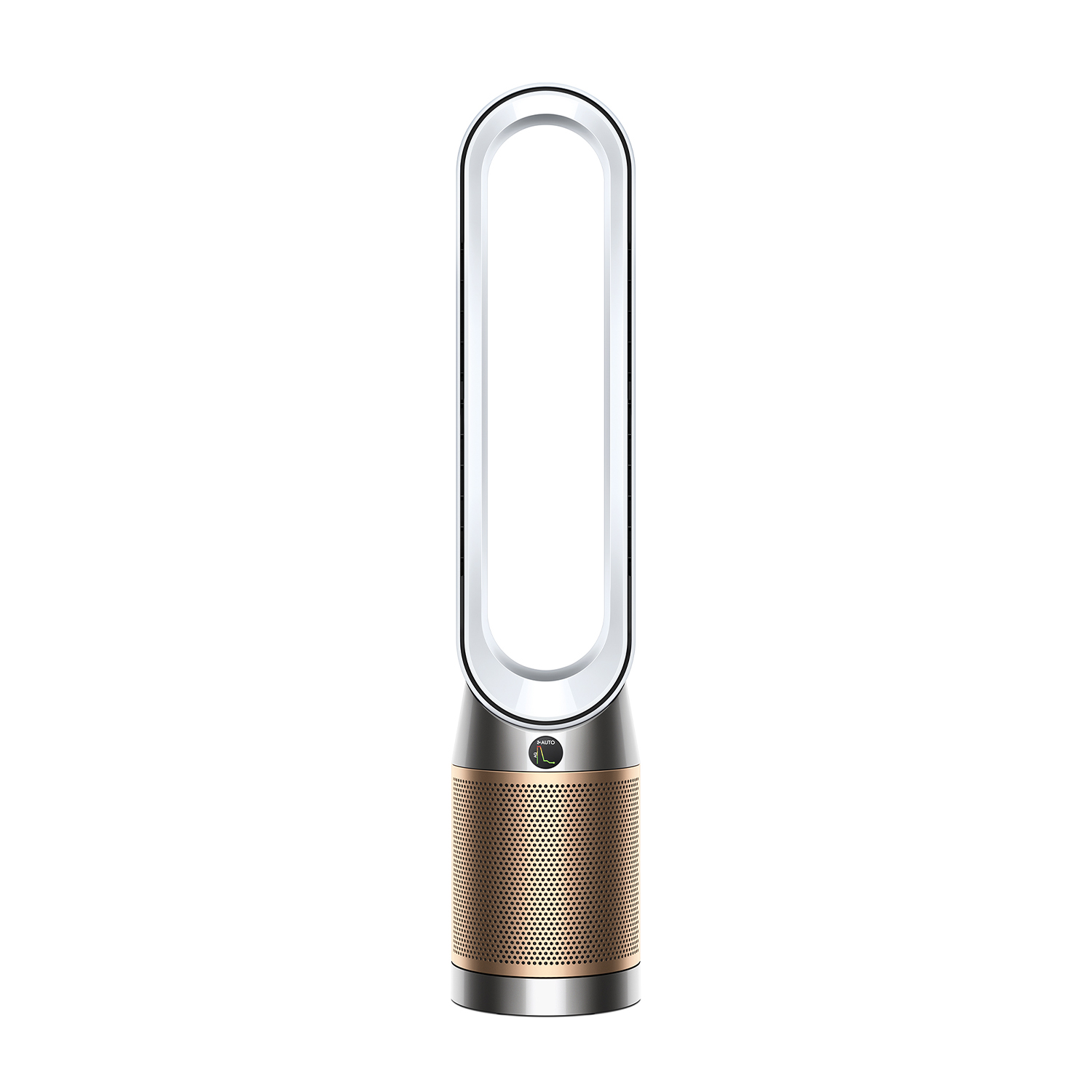 Ein silberner Turmventilator mit einem bronzefarbenen Gitter und einem weißen ovalen Ring.
