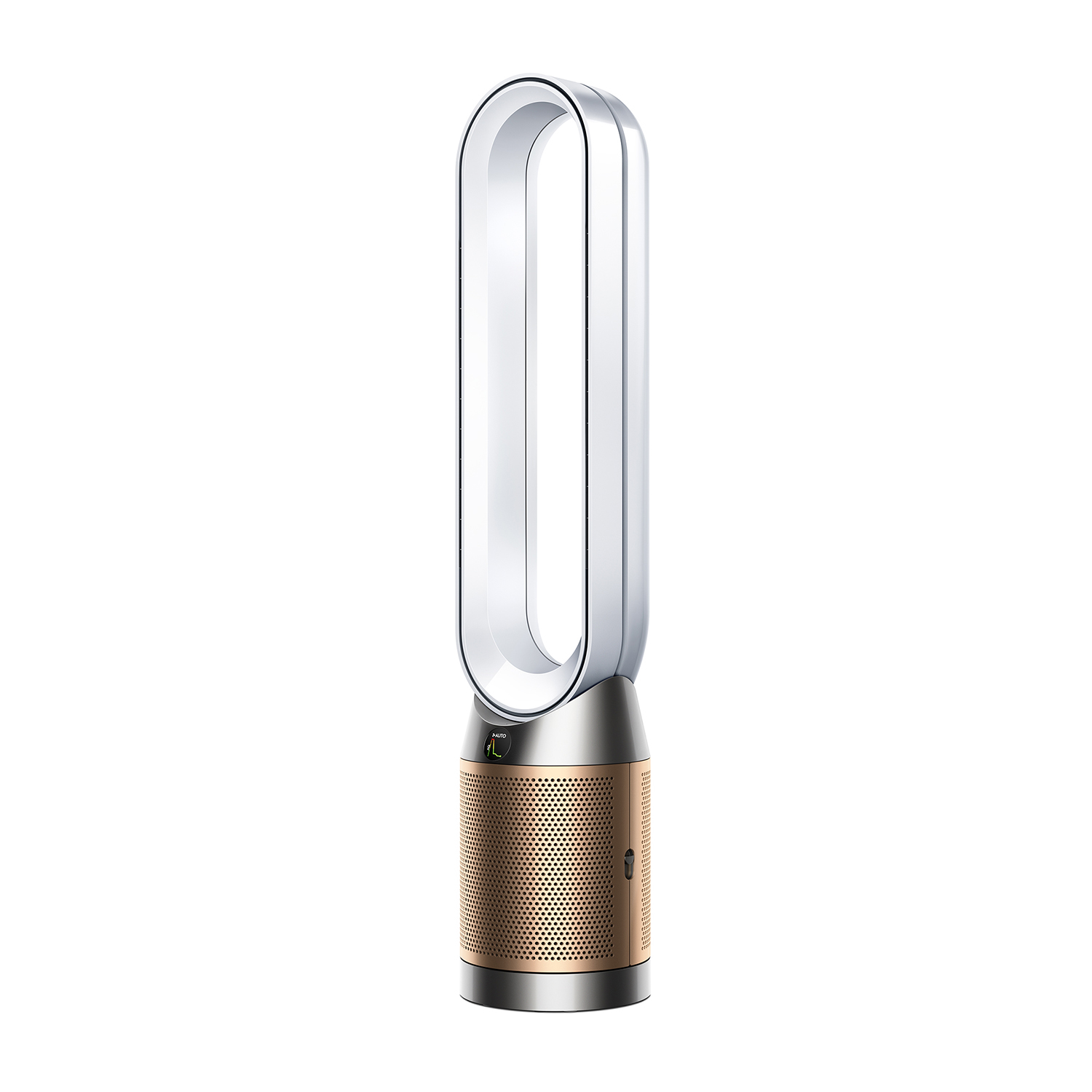 Ein silberner und goldener Turmventilator mit ovalem Kopfteil auf weißem Hintergrund.