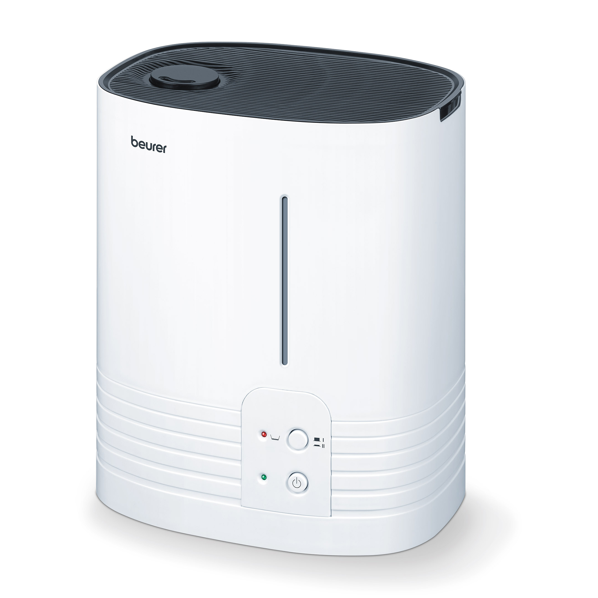 Biały nawilżacz powietrza z czarną pokrywą i panelem sterowania.