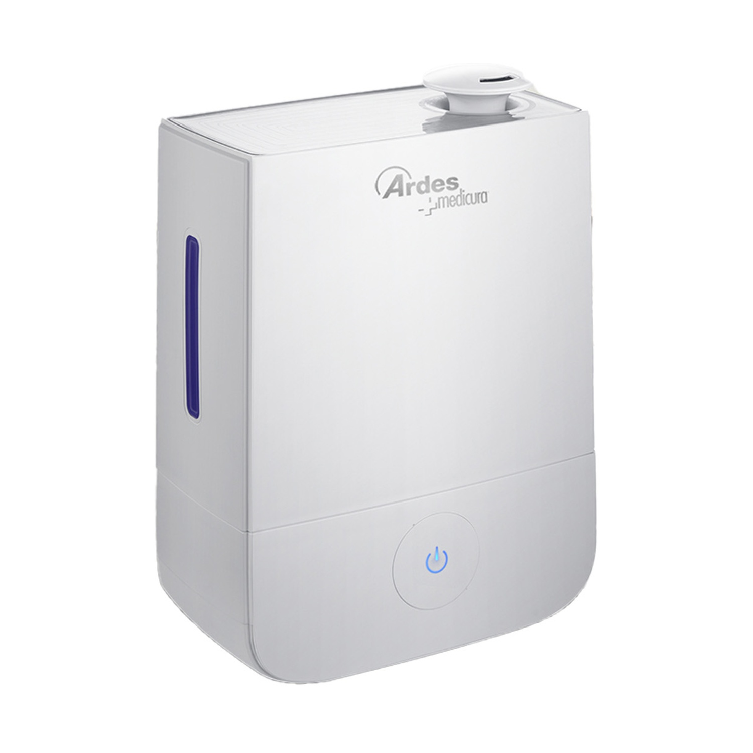 Biały nawilżacz z niebieskim wskaźnikiem poziomu wody i symbolem zasilania.