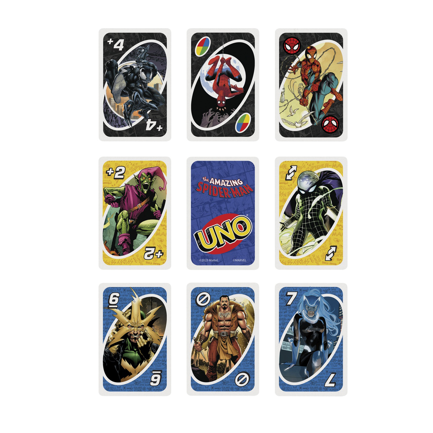 UNO-Karten mit Spider-Man-Figuren: Venom, Spider-Man, Goblin, Electro, Kraven, Black Cat.