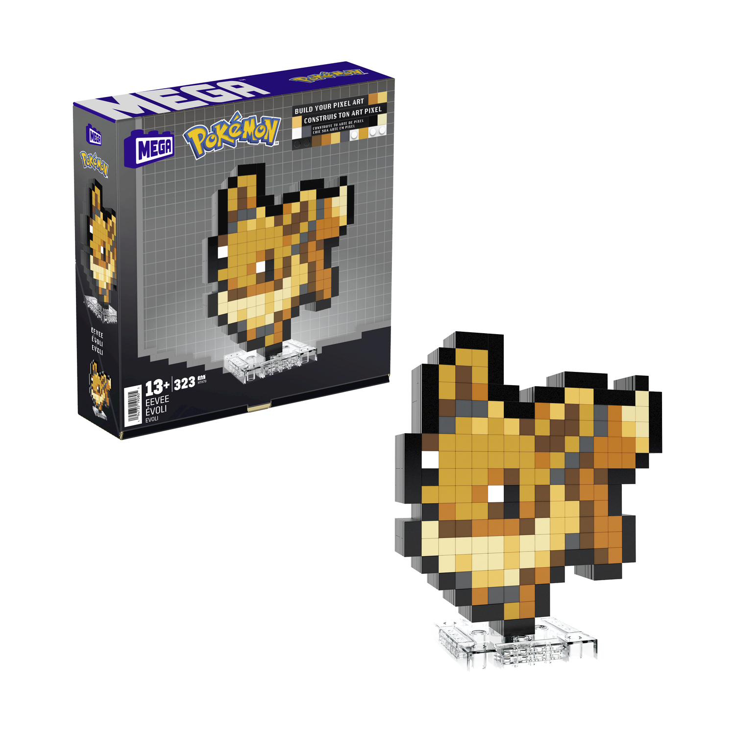 Pixel-Art-Bausatz von Evoli aus Pokémon auf einer transparenten Basis.