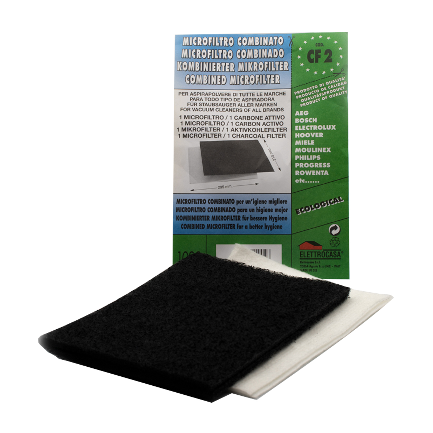 Two vacuum cleaner filters: one black charcoal filter and one white filter.