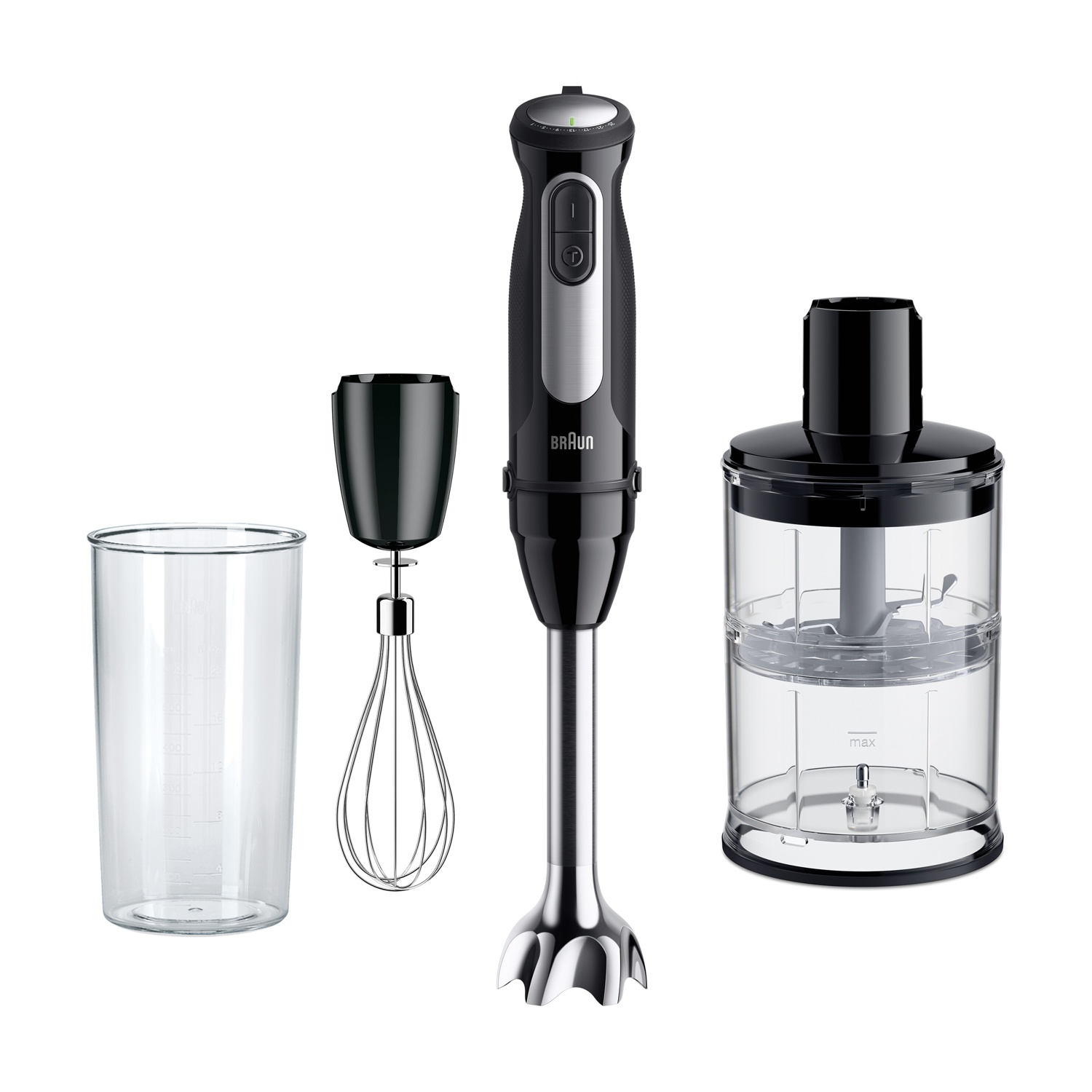 Czarny blender ręczny z akcesoriami: kubek, trzepaczka i siekacz.