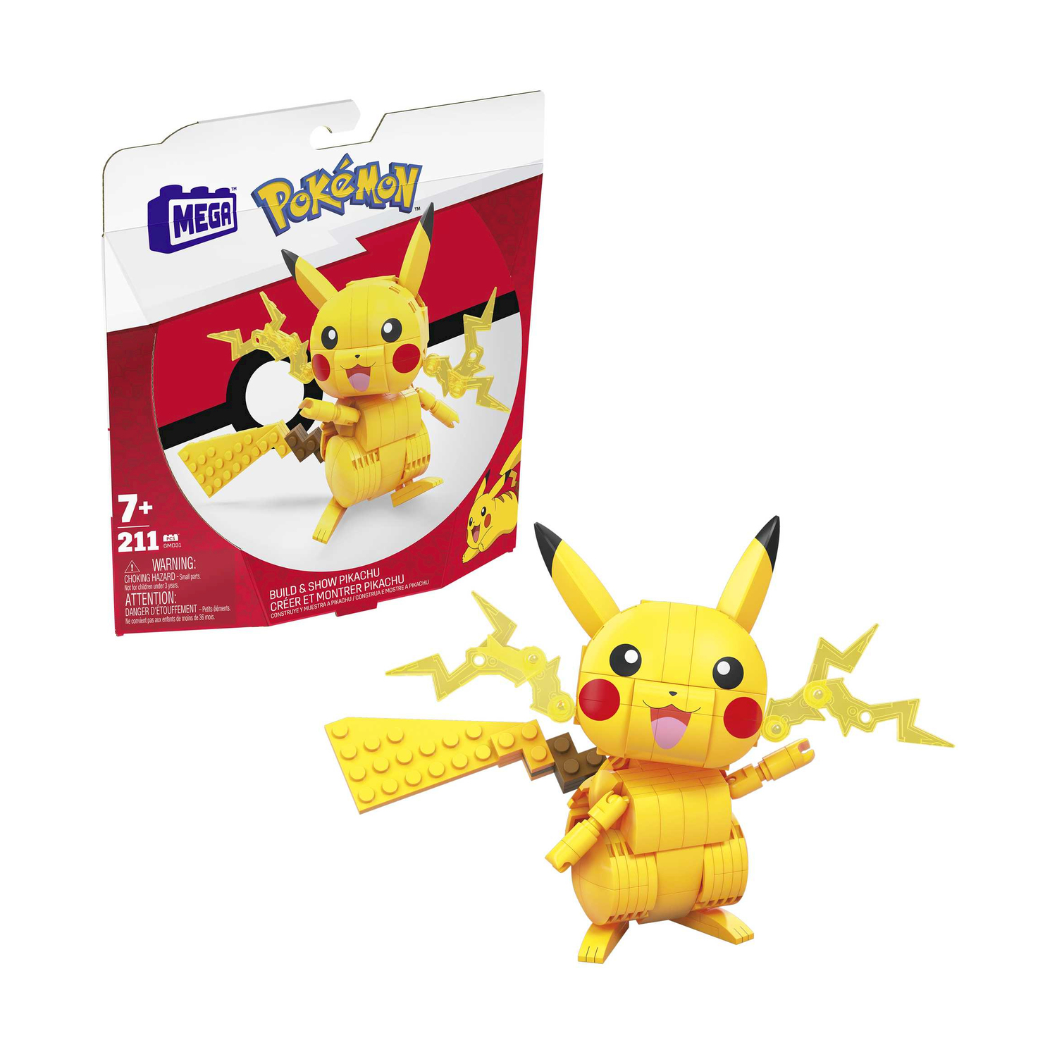 A yellow Pikachu buildable toy with lightning accessories and packaging.