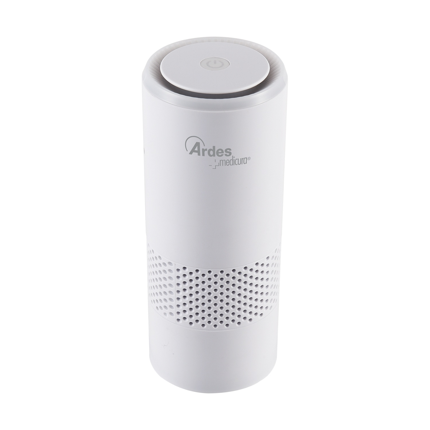 Un purificatore d'aria cilindrico bianco con fascia centrale perforata e pulsante in alto.
