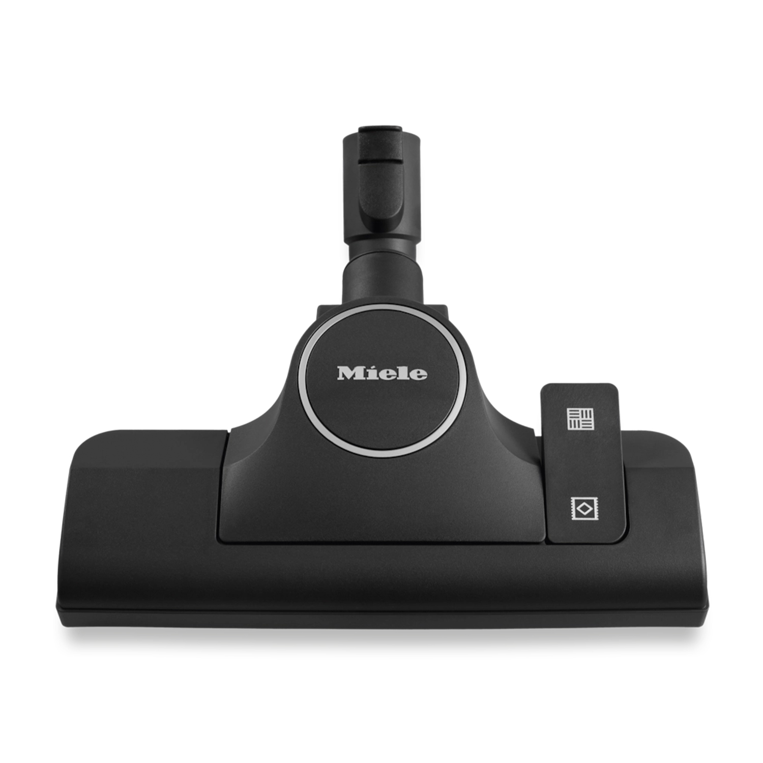 Schwarzer Miele Staubsaugeraufsatz mit Symbolen für Teppich und Hartboden.