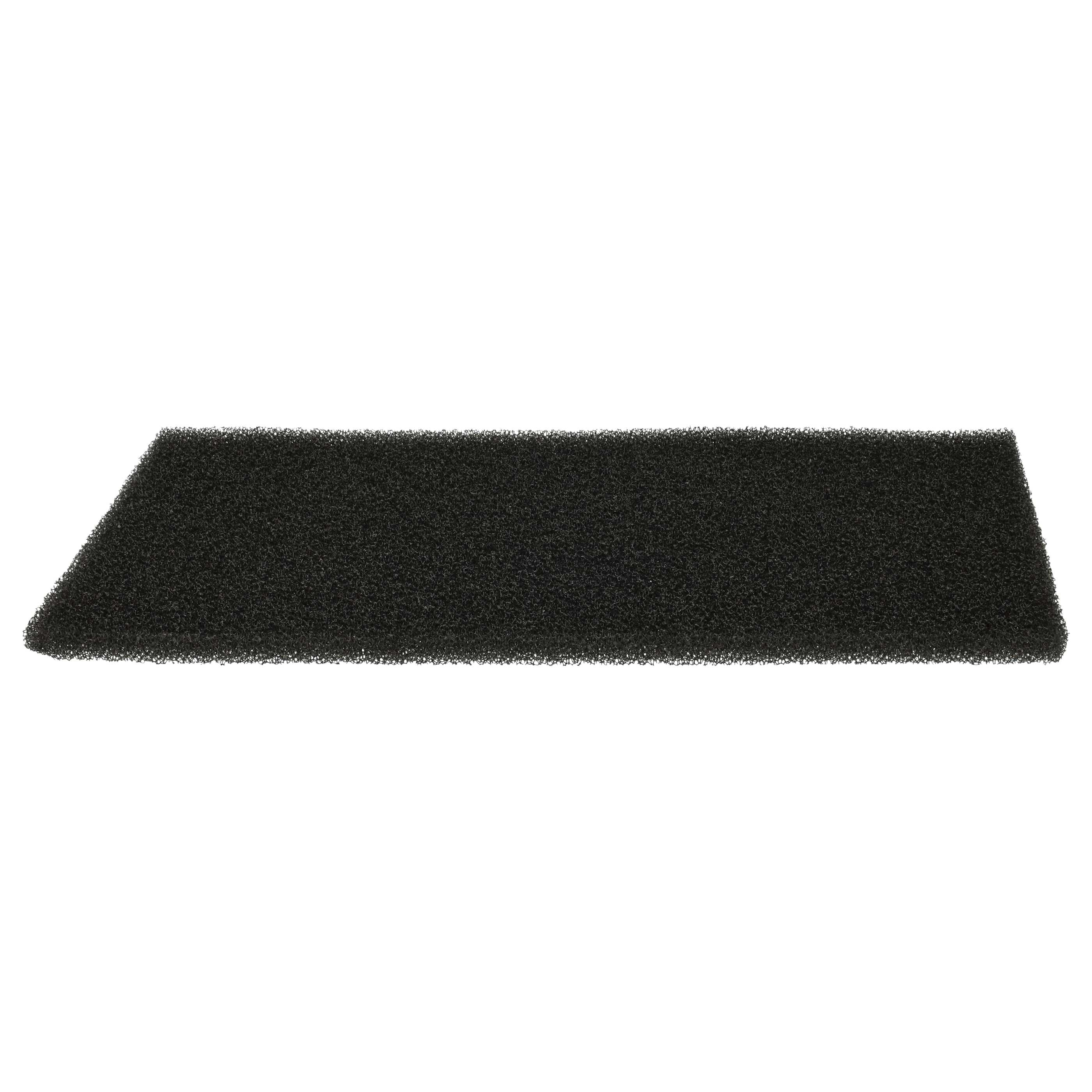Schwarzer Schaumstofffilter mit trapezförmiger Form auf weißem Hintergrund.