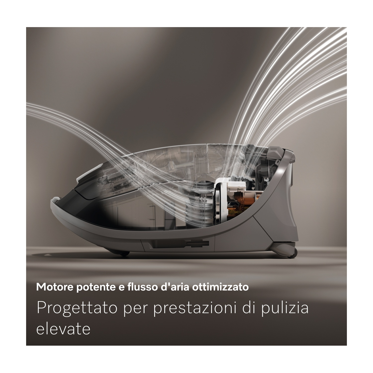 Un aspirapolvere con scocca trasparente mostra componenti interni e linee di flusso d'aria.