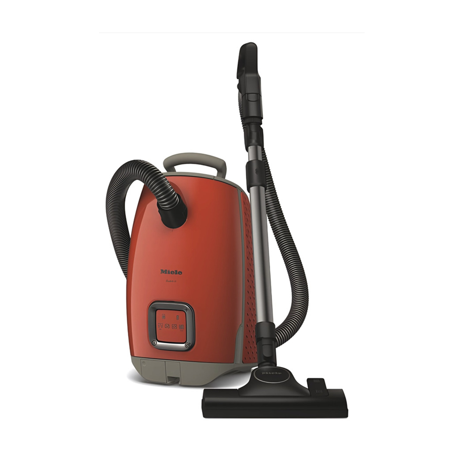 Ein roter Miele Staubsauger mit Schlauch und Bürste, auf weißem Hintergrund.