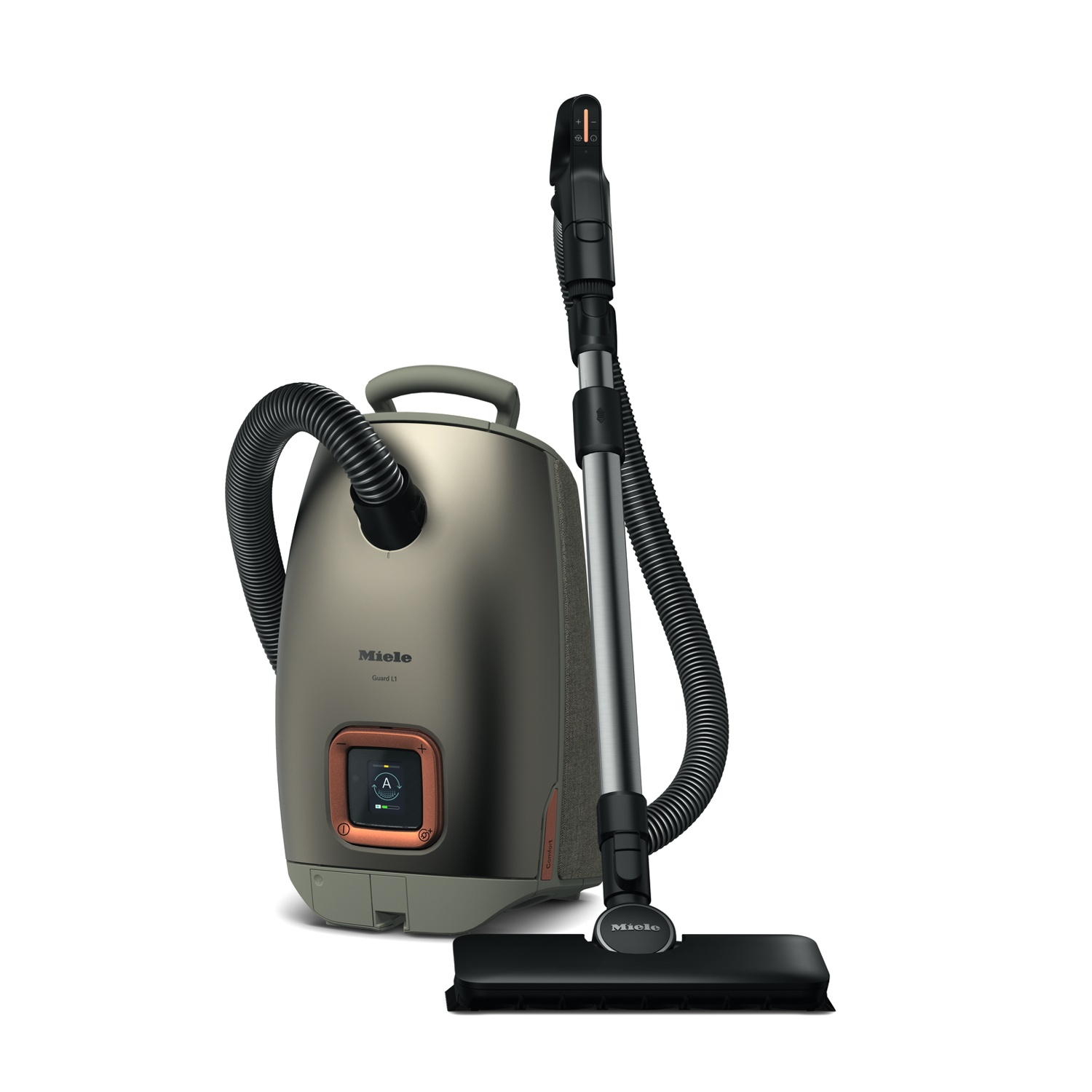 Un aspirapolvere Miele grigio con tubo e manico neri.