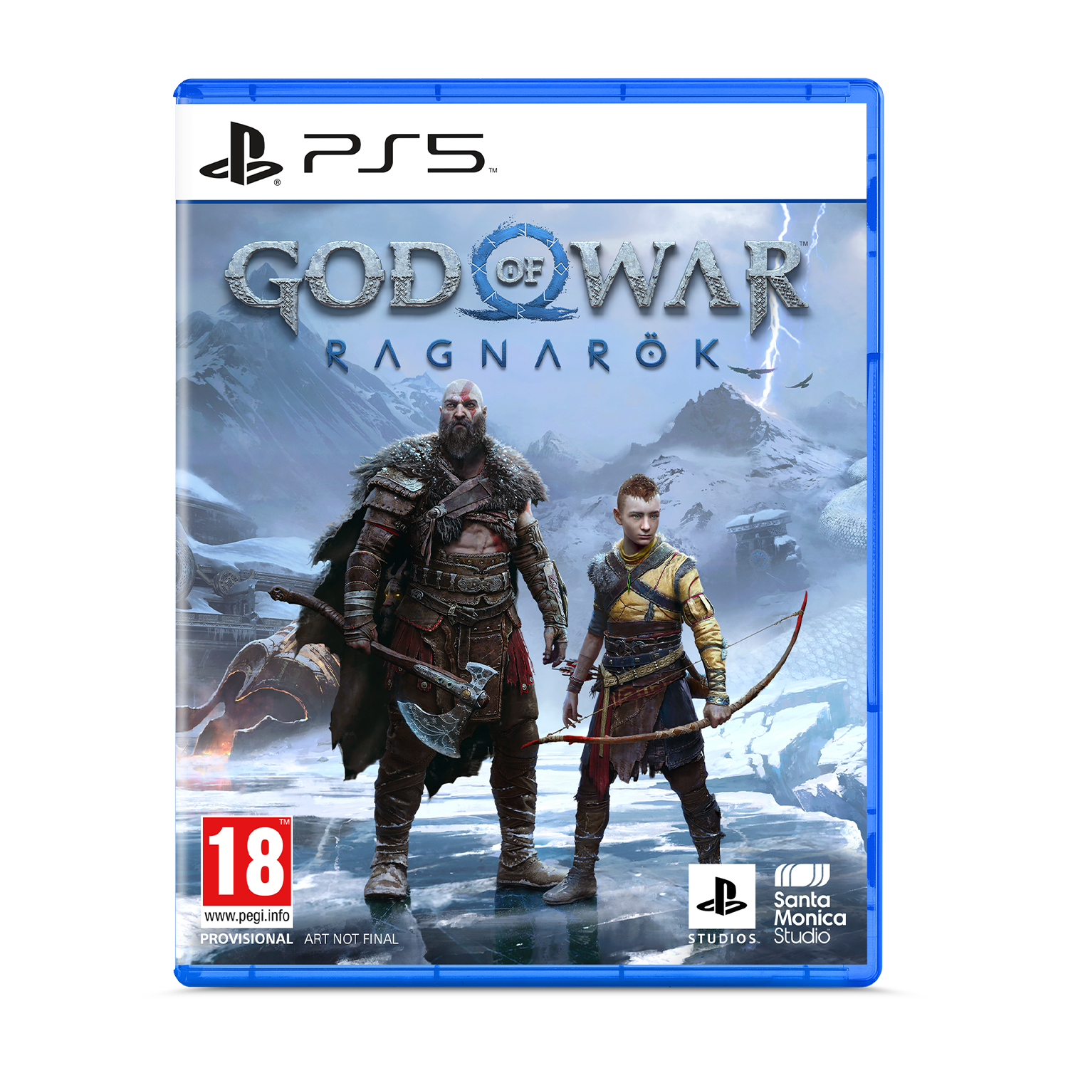 Das Cover von God of War Ragnarök für PS5 zeigt Kratos und Atreus in eisiger Landschaft.