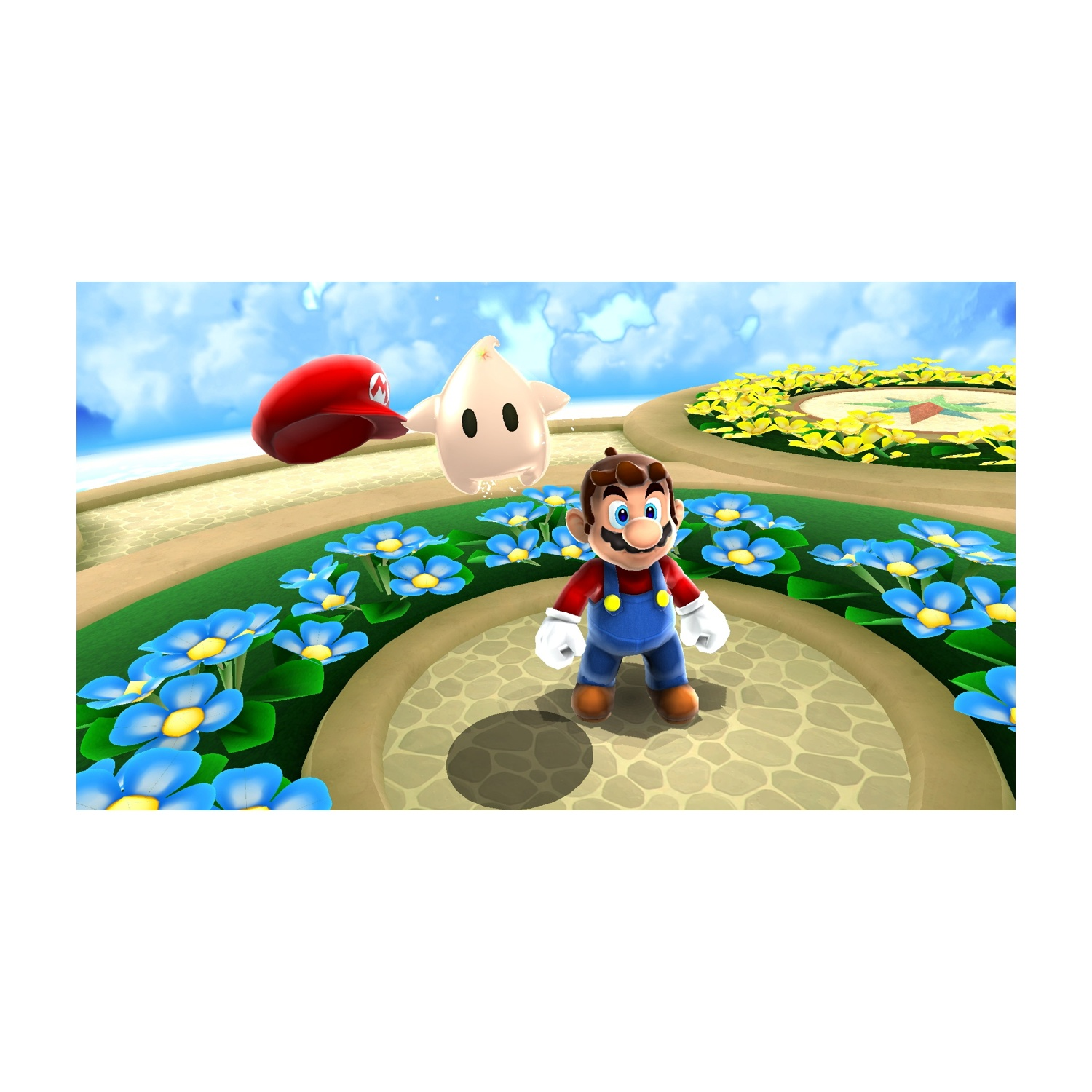 Mario está en un jardín con flores azules y una criatura estelar.