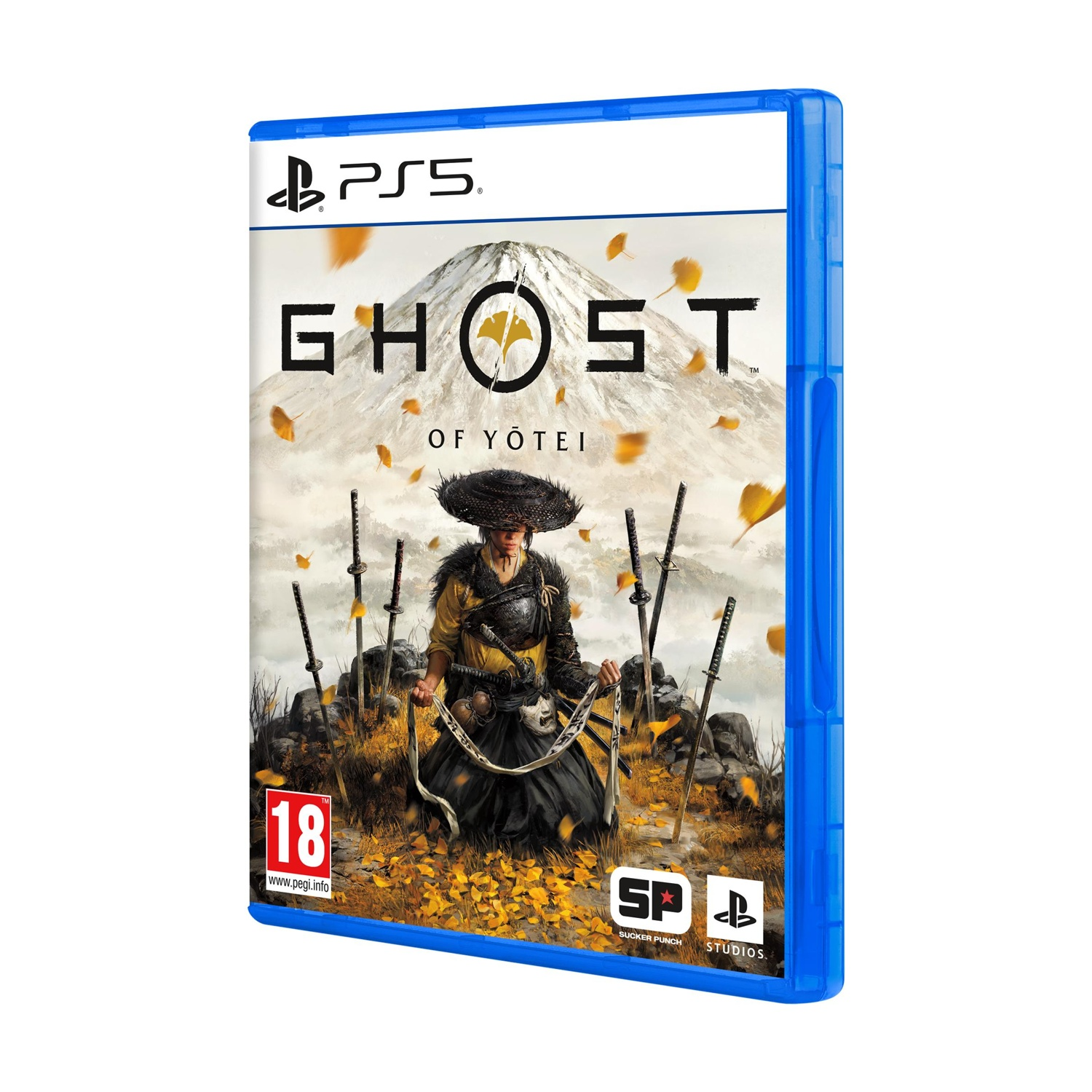 Okładka gry Ghost of Tsushima PS5. Wojownik samuraj w kapeluszu z mieczami. Górska sceneria.