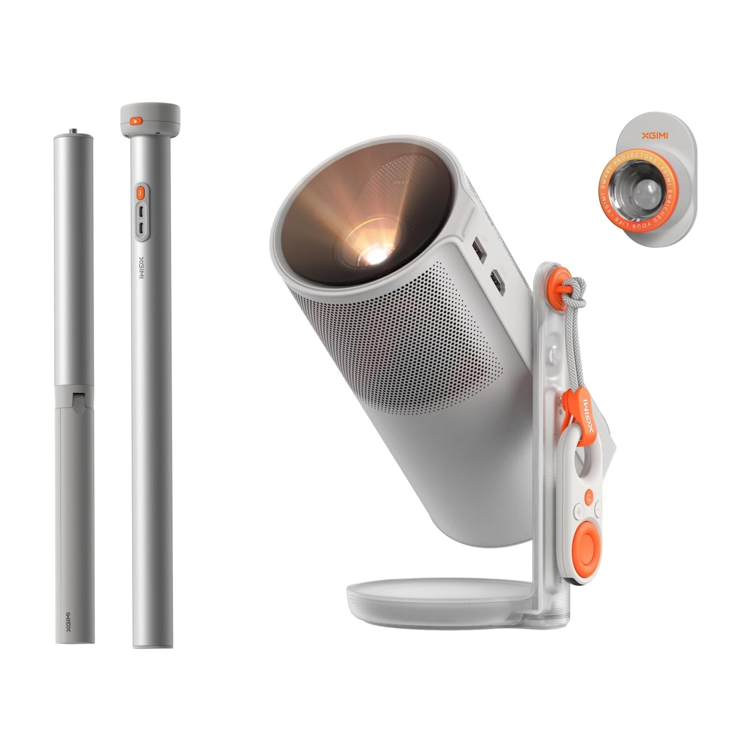 Een witte projector met accessoires op witte achtergrond.