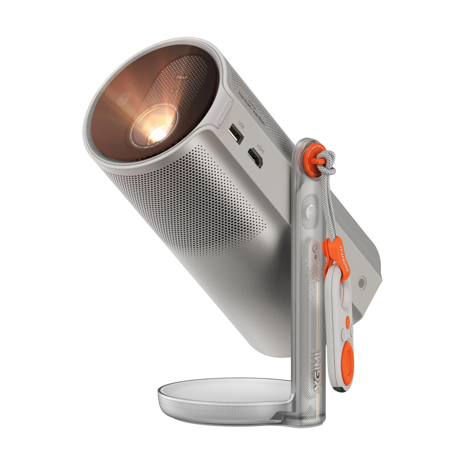 Een zilveren projector met oranje koord en afstandsbediening op een standaard.