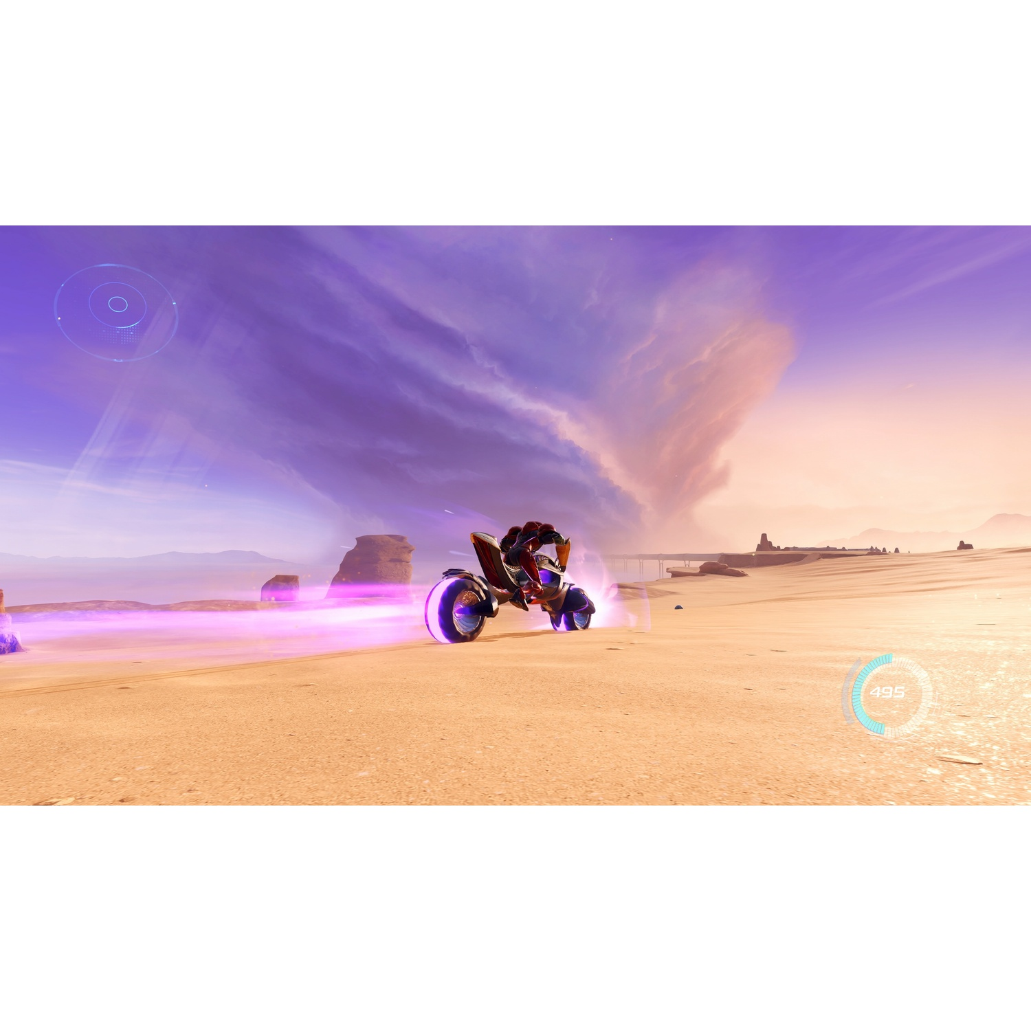 Una moto futuristica sfreccia in un paesaggio desertico con fumo viola.