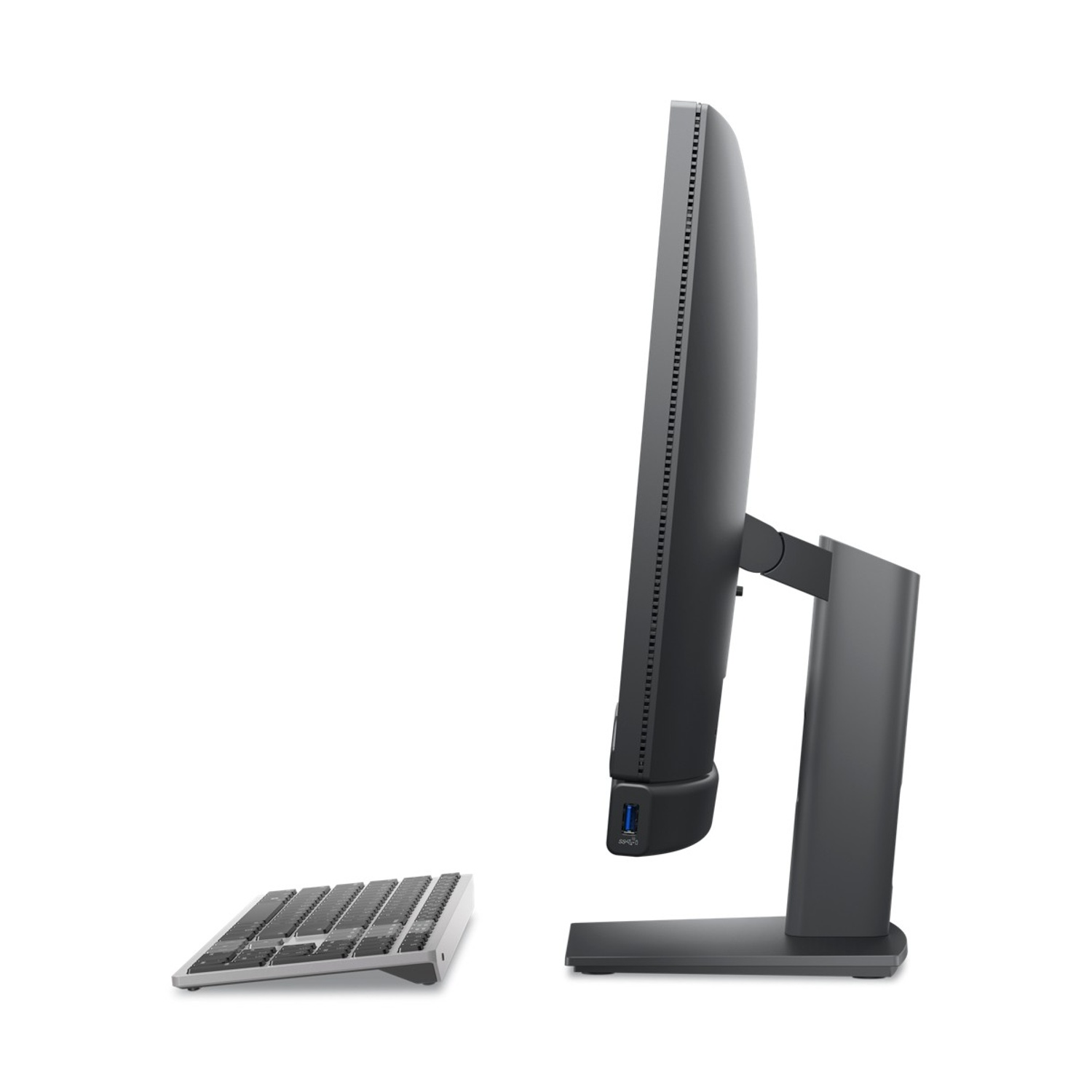 Monitor del computer grigio con tastiera su sfondo bianco.