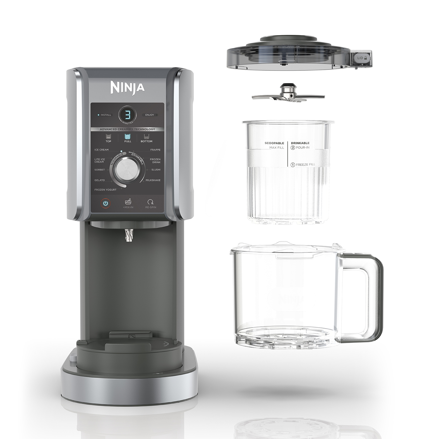 Maszynka do lodów Ninja z pojemnikiem, ostrzami i pokrywką, białe tło.