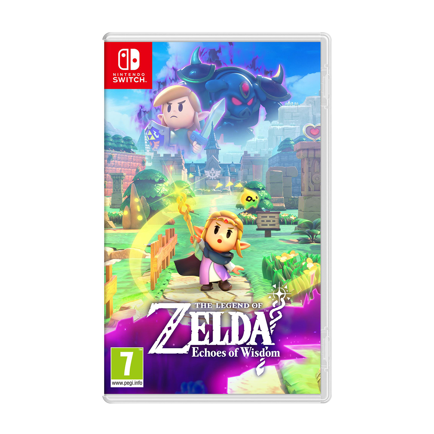 Link con spada davanti a un castello, un demone blu fluttua sopra.
